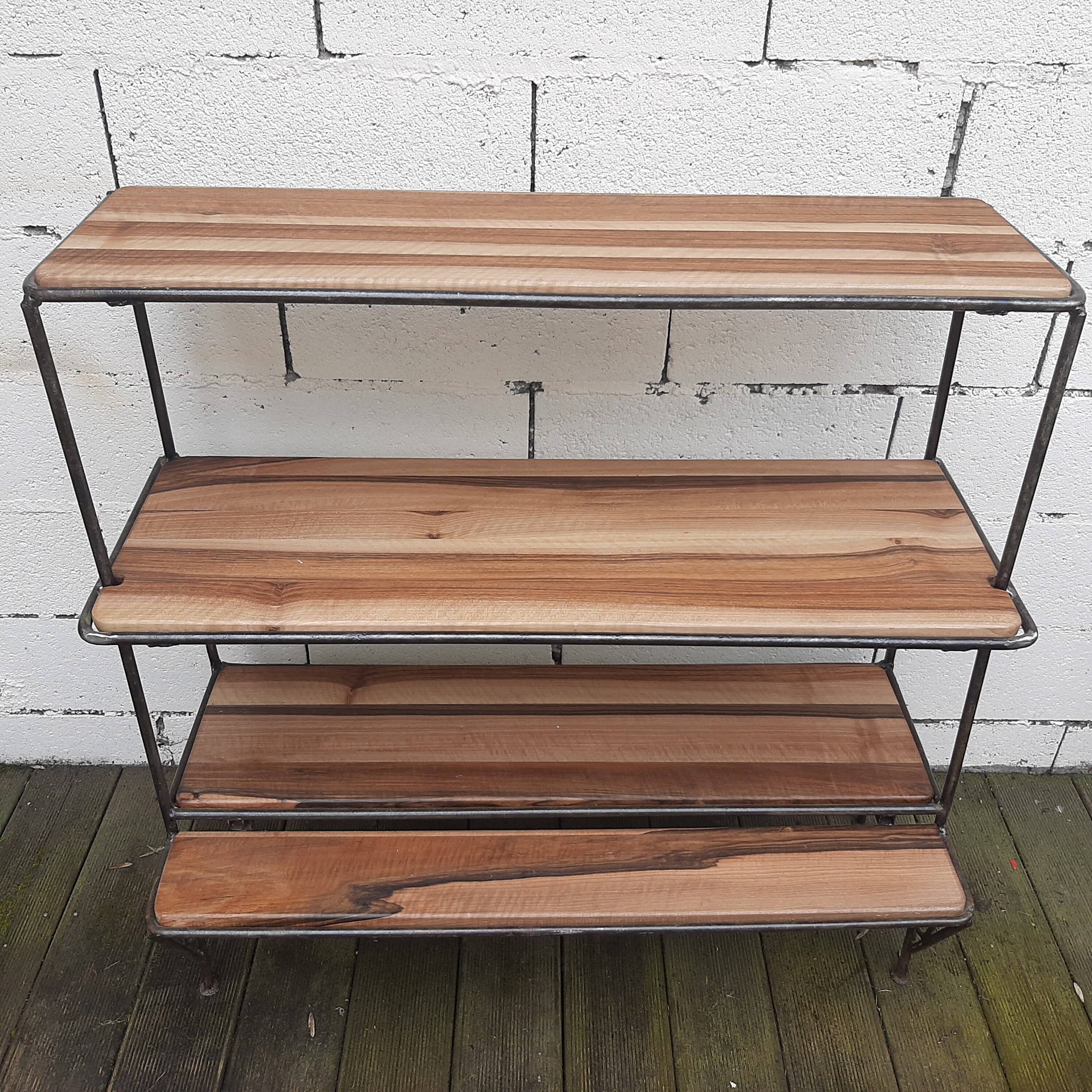 Wrought iron shelf, 3 walnut shelves