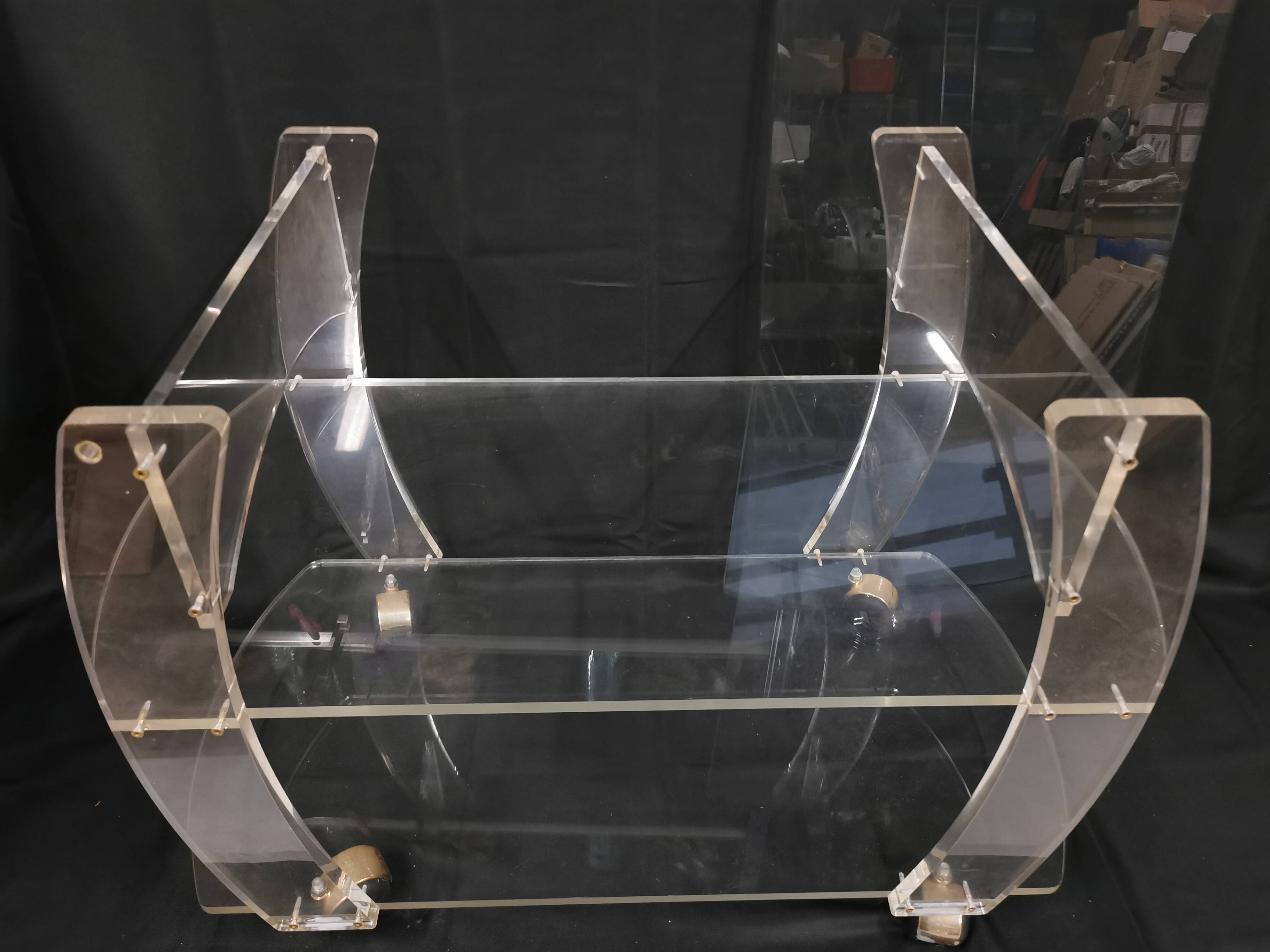 Vintage plexiglass trolley, david lange table on wheels