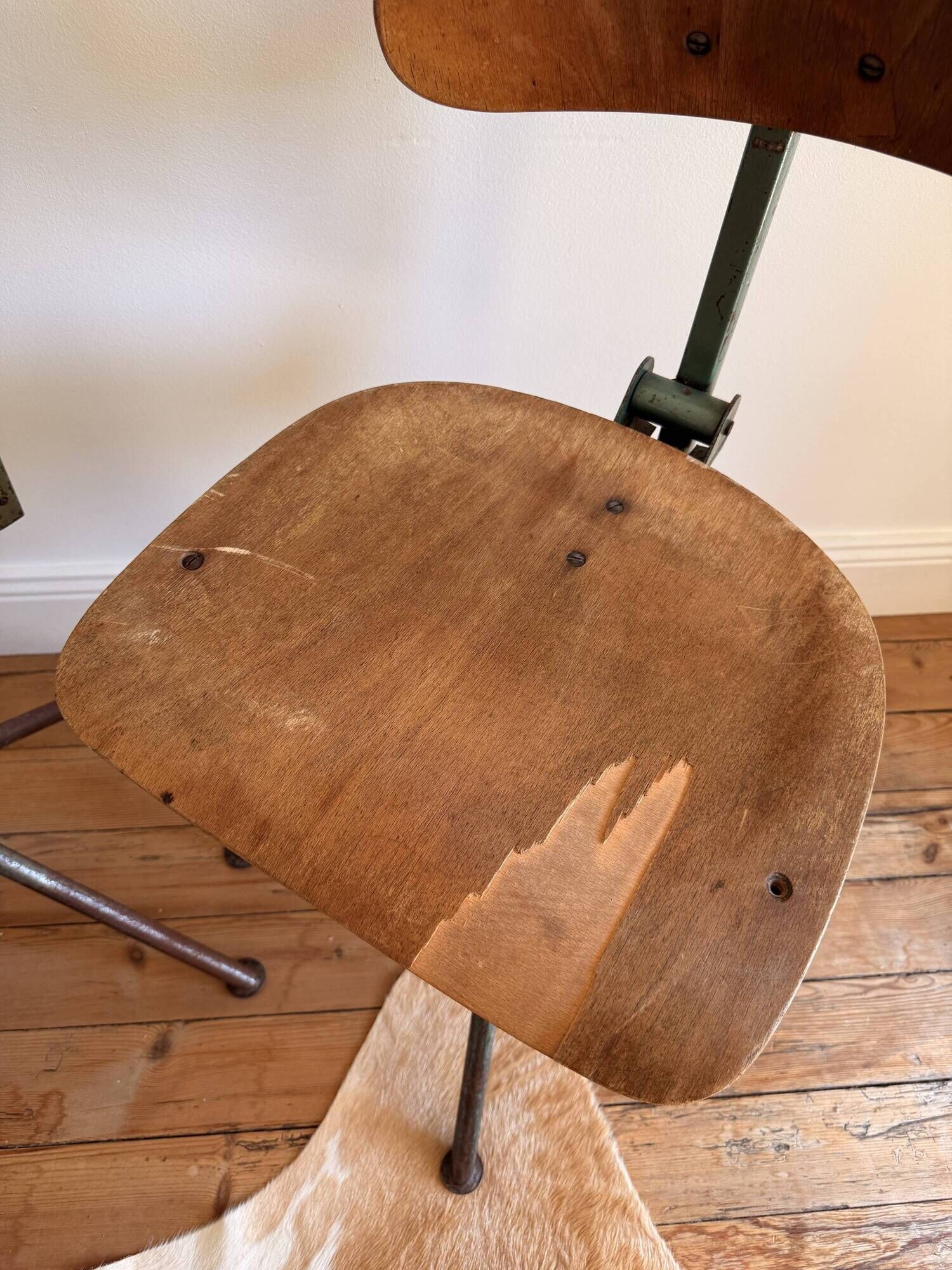 Set of 6 Antique Industrial Wooden and Metal Workshop Chairs