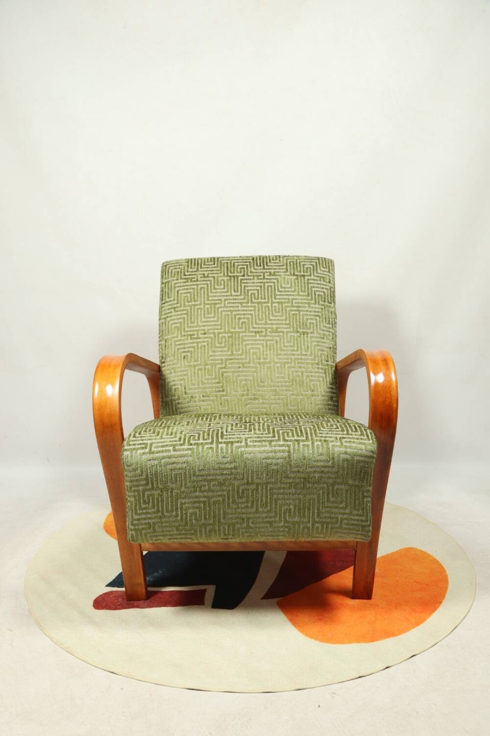 Art Deco armchair in green geometric jacquard by Kropacek Kozelek 1950