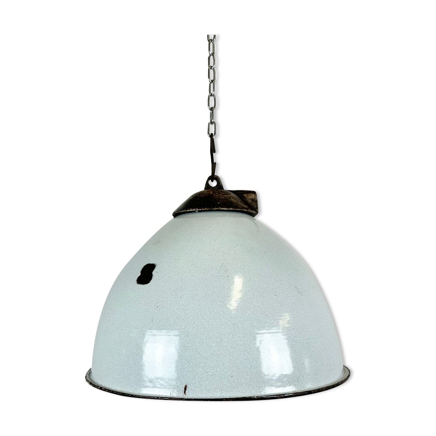 Industrial grey enamel factory lamp with cast iron top, 1960s