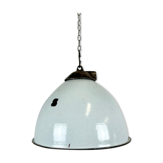 Industrial grey enamel factory lamp with cast iron top, 1960s