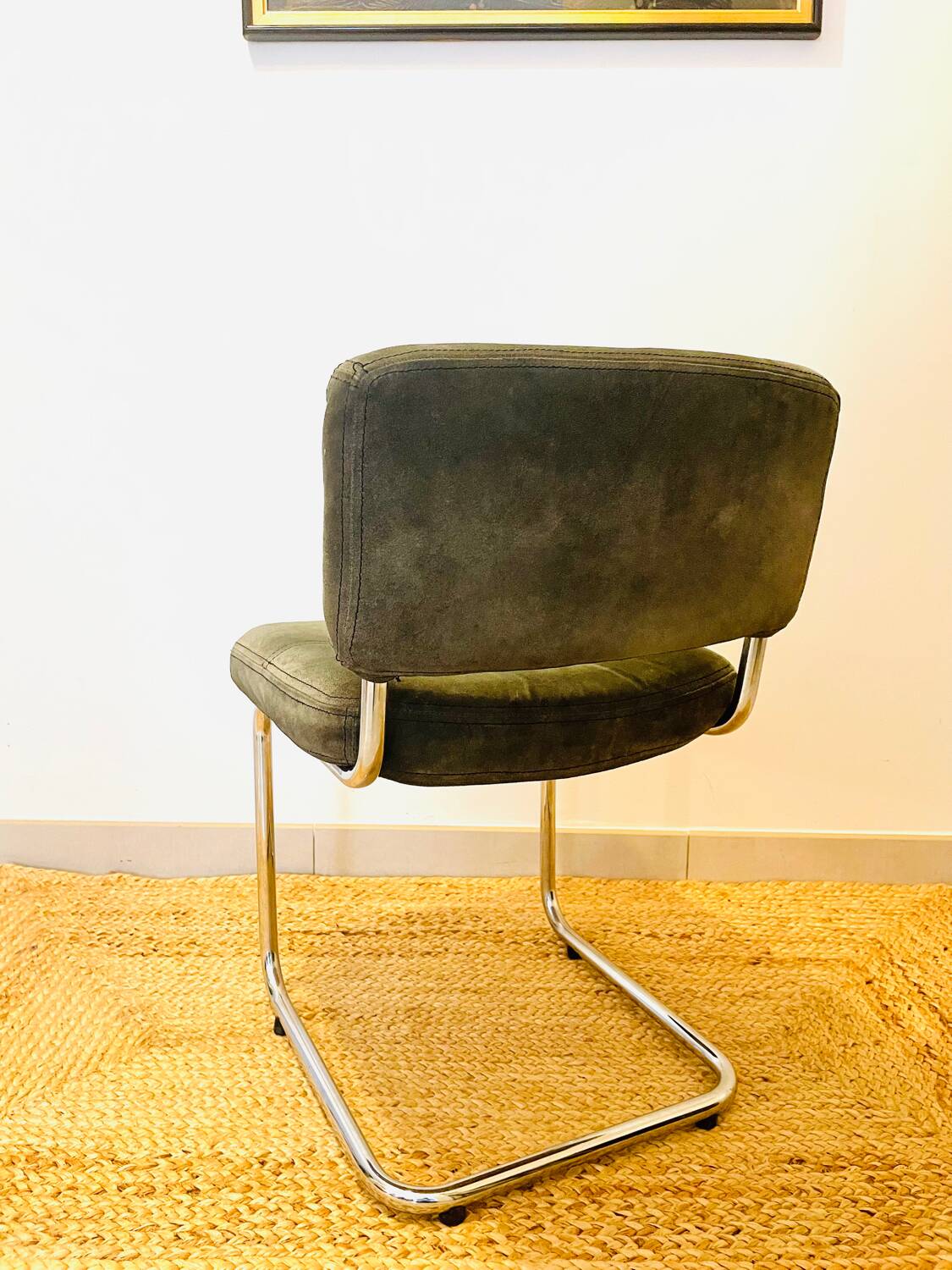 Vintage Roche Bobois chair in green suede Year 1970