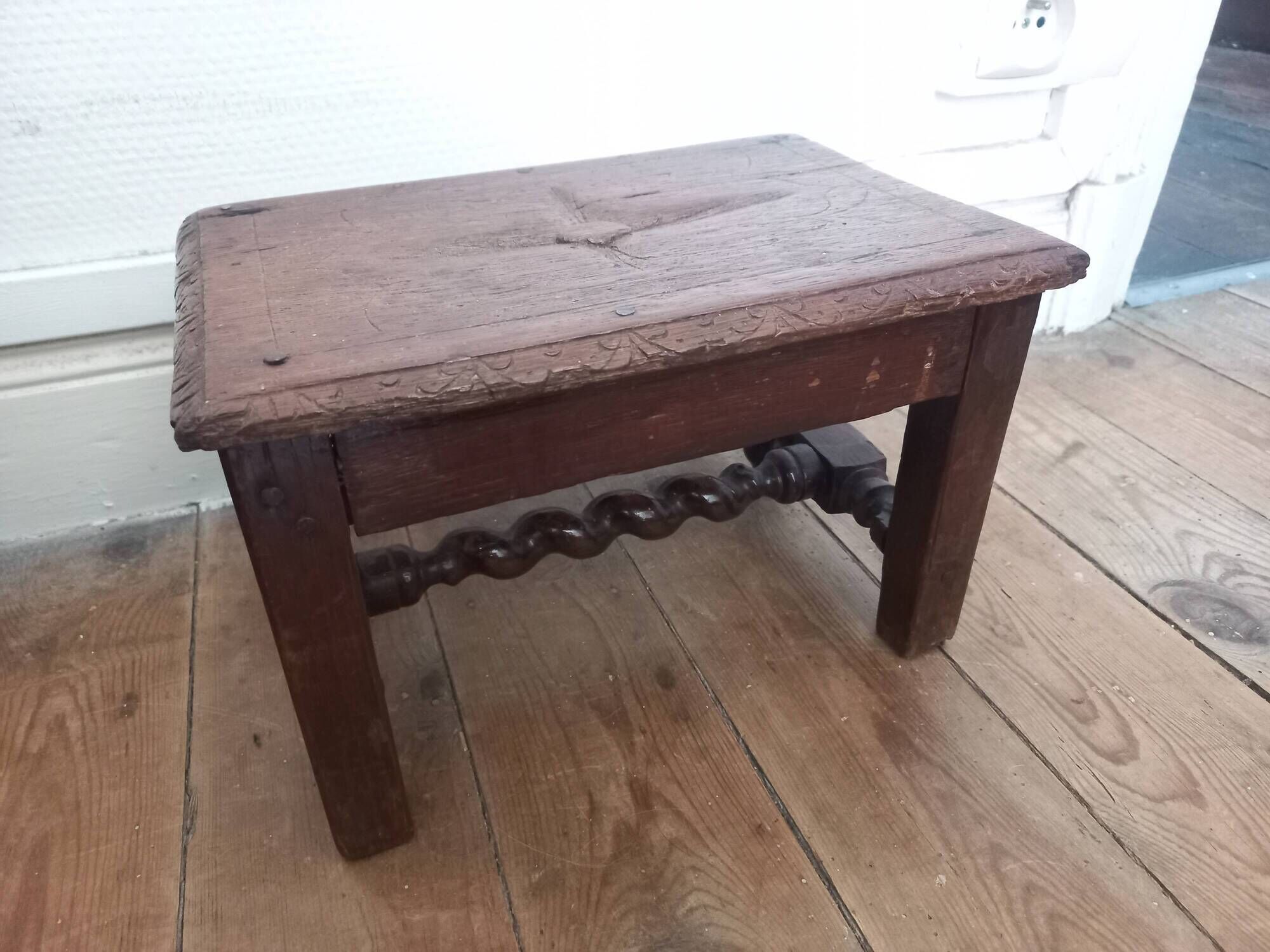 Antique solid wood stool, vintage decor