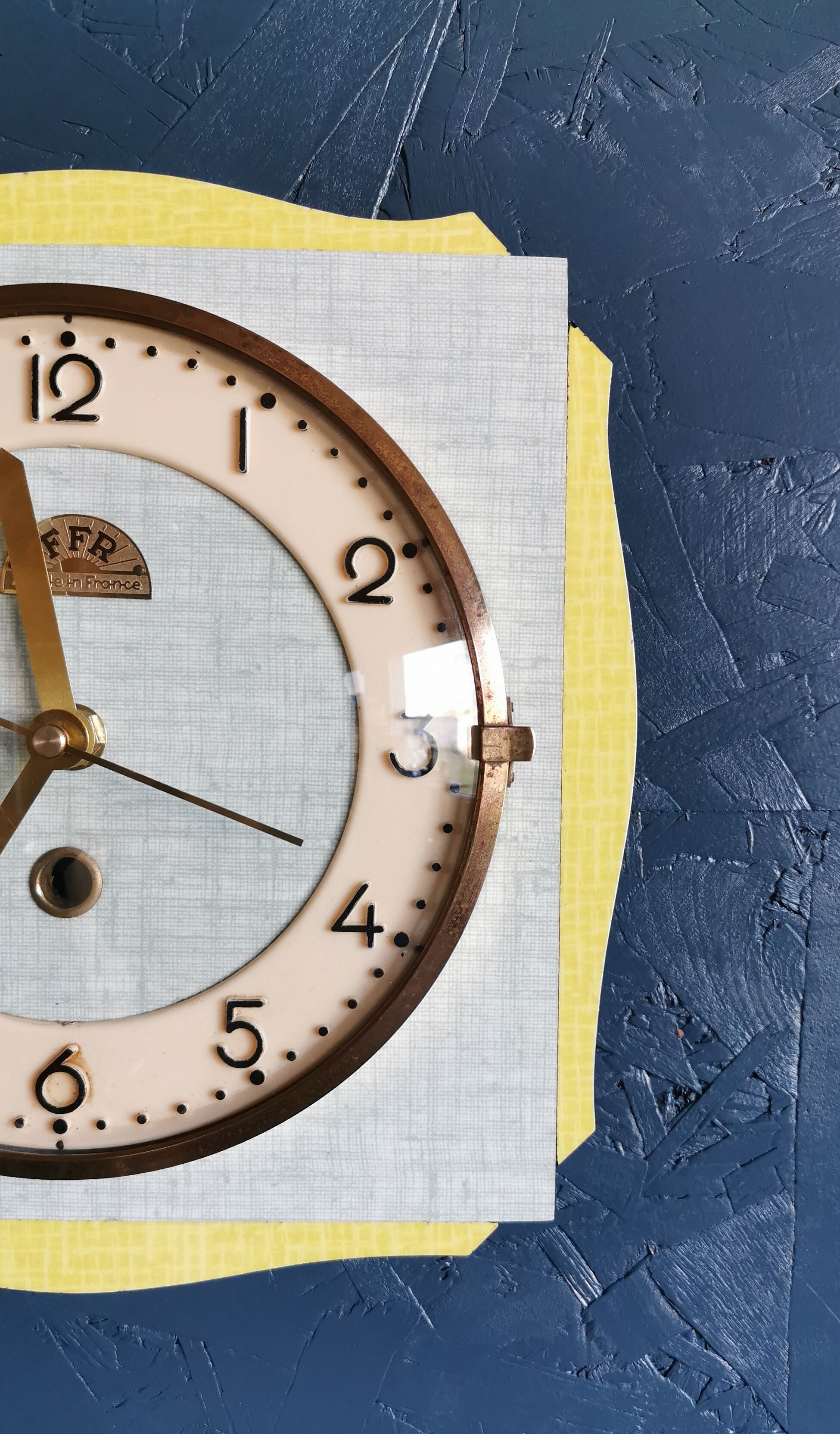 Vintage formica clock square silent wall clock "FFR yellow green"