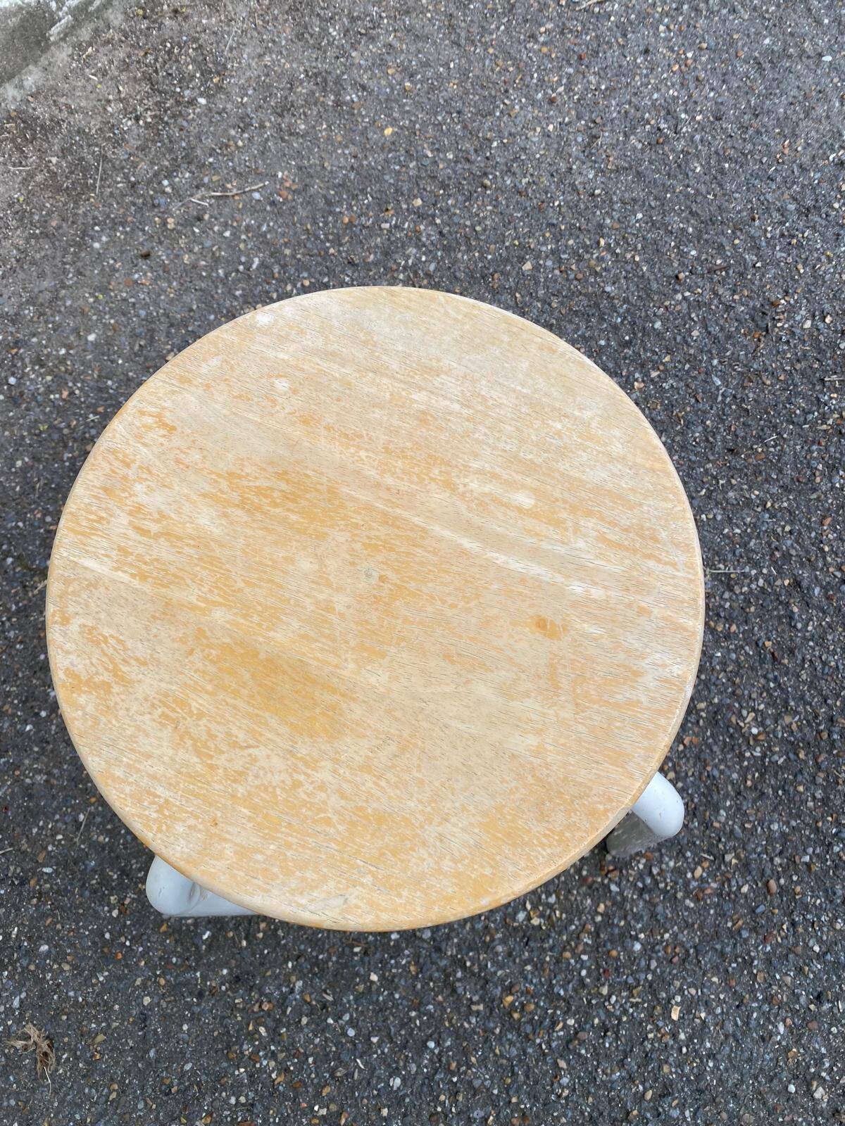 Scandinavian round stool in solid wood and white steel 1980 45cm