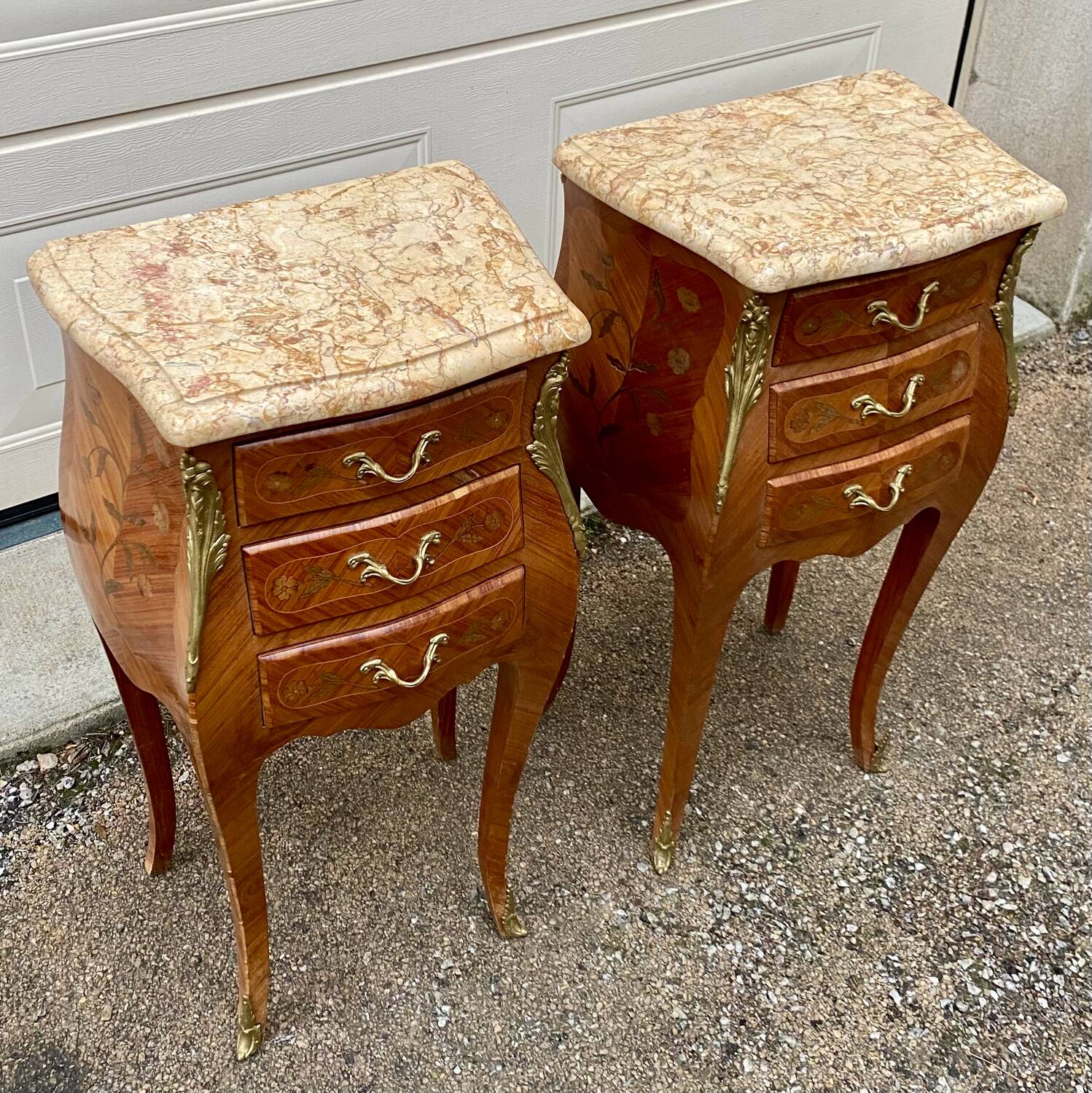 Pair of Louis XV style bedside tables with rosewood marquetry