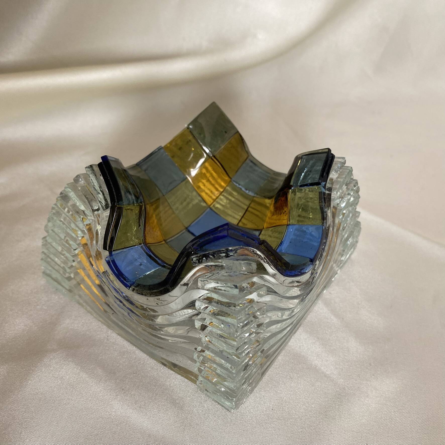 Checkerboard glass ashtray from the 1980s