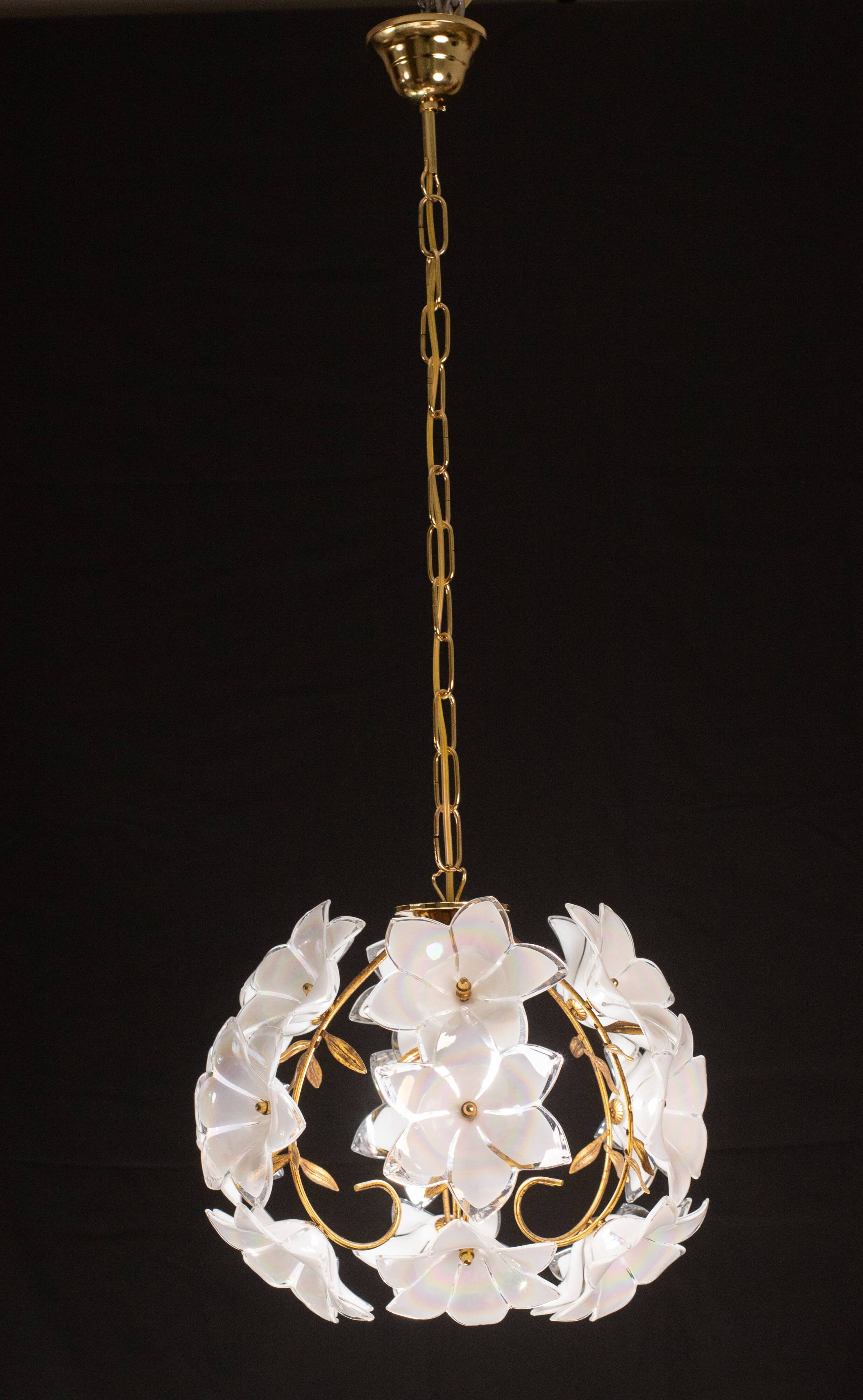 Set of 2 Murano Spherical Chandelier Full of White Flowers, 1980s