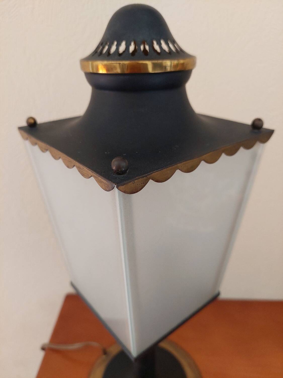 Arlus lamp in black metal, brass and glass circa 1950