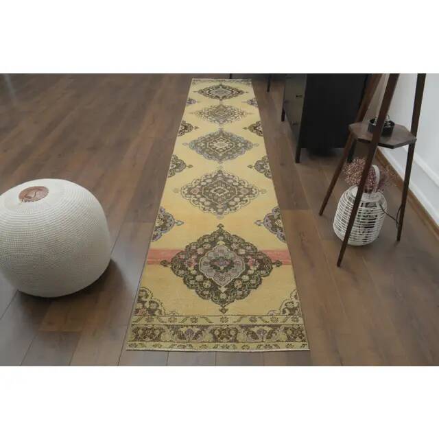 1970s Vintage Turkish Hand-Knotted Wool Cotton Yellow Runner Rug  74x383