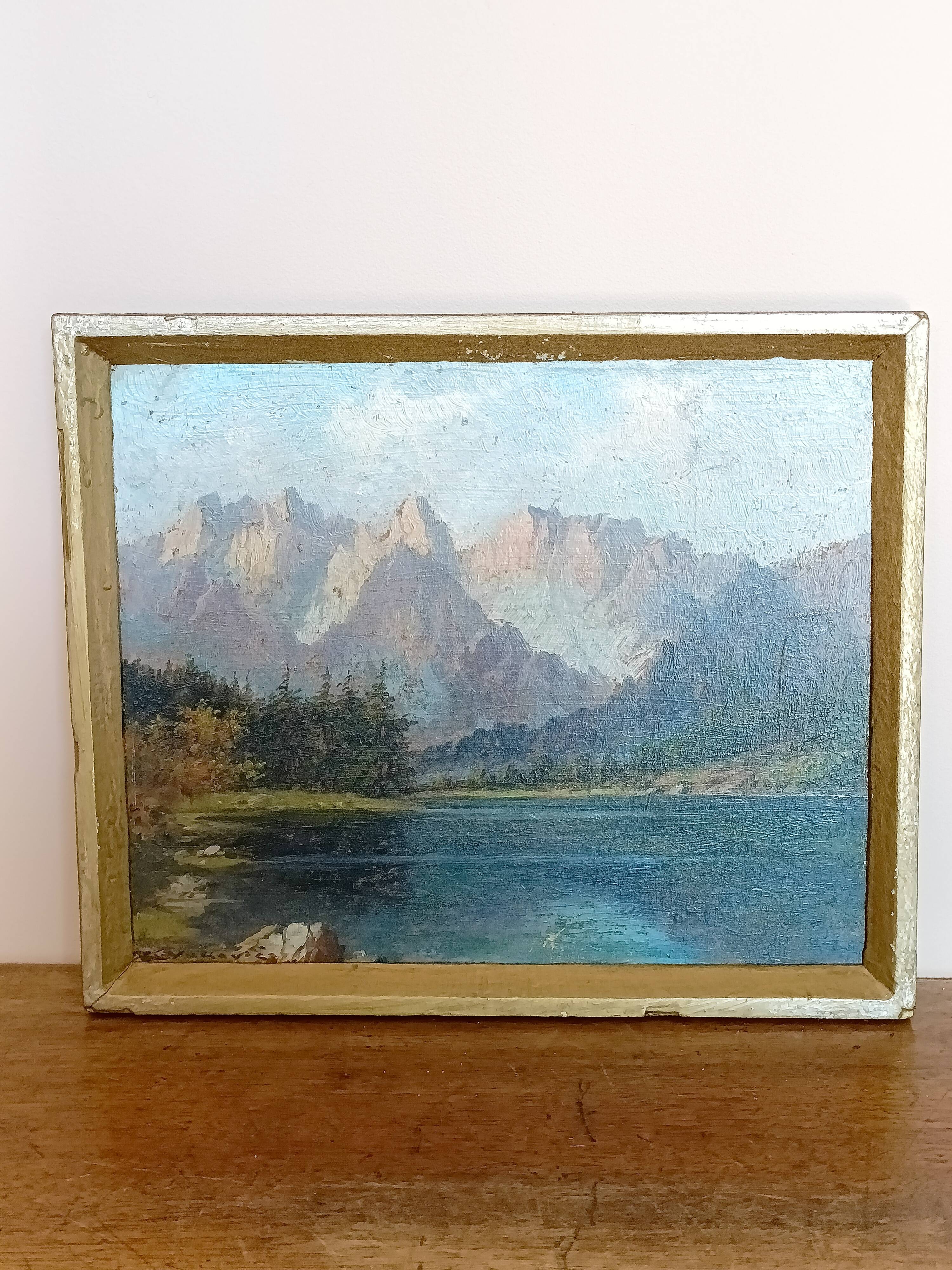 Oil on panel painting, signed K. Vukovic mountain and lake landscape