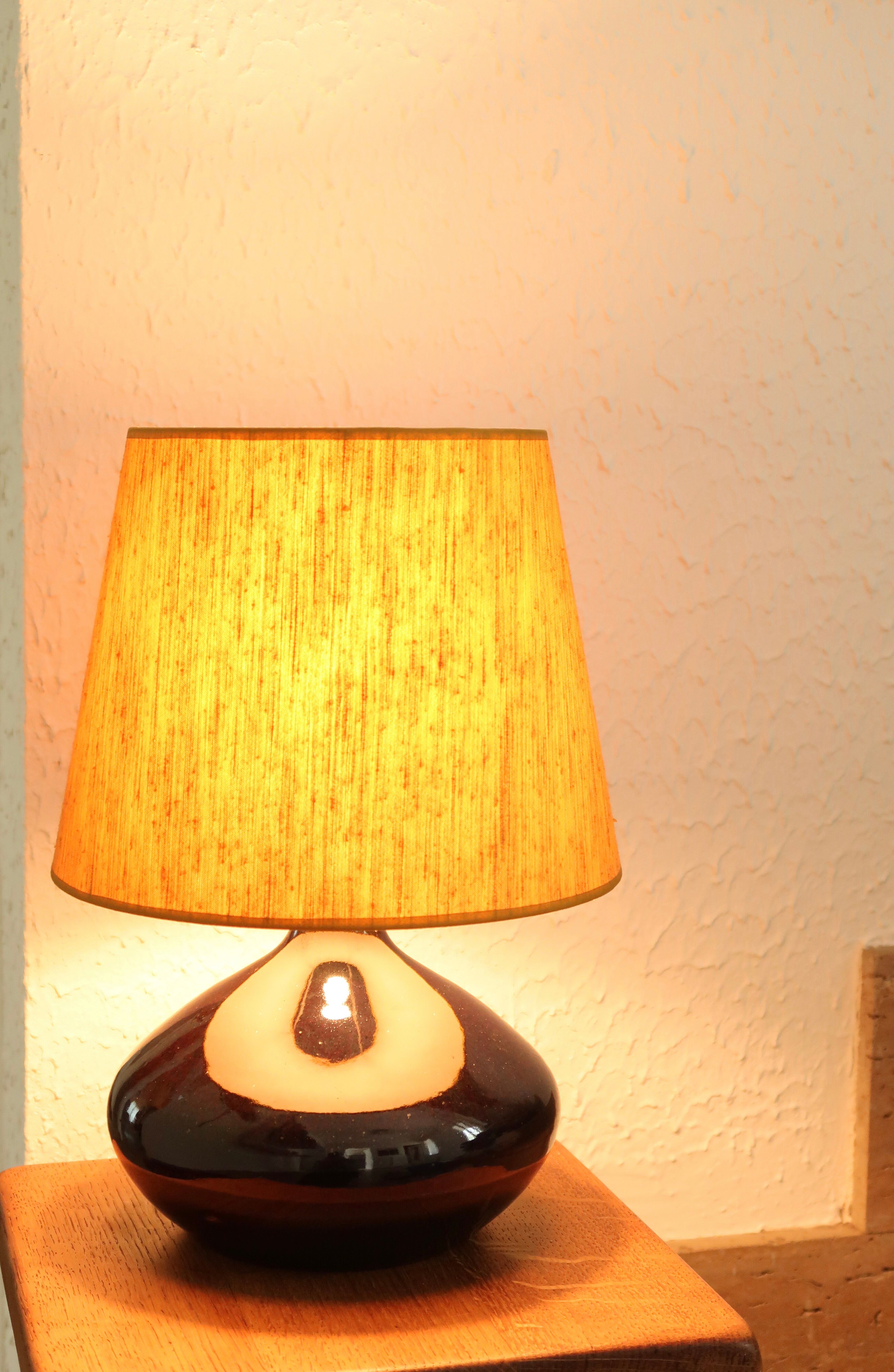 Ceramic lamp, yellow lampshade, 70s