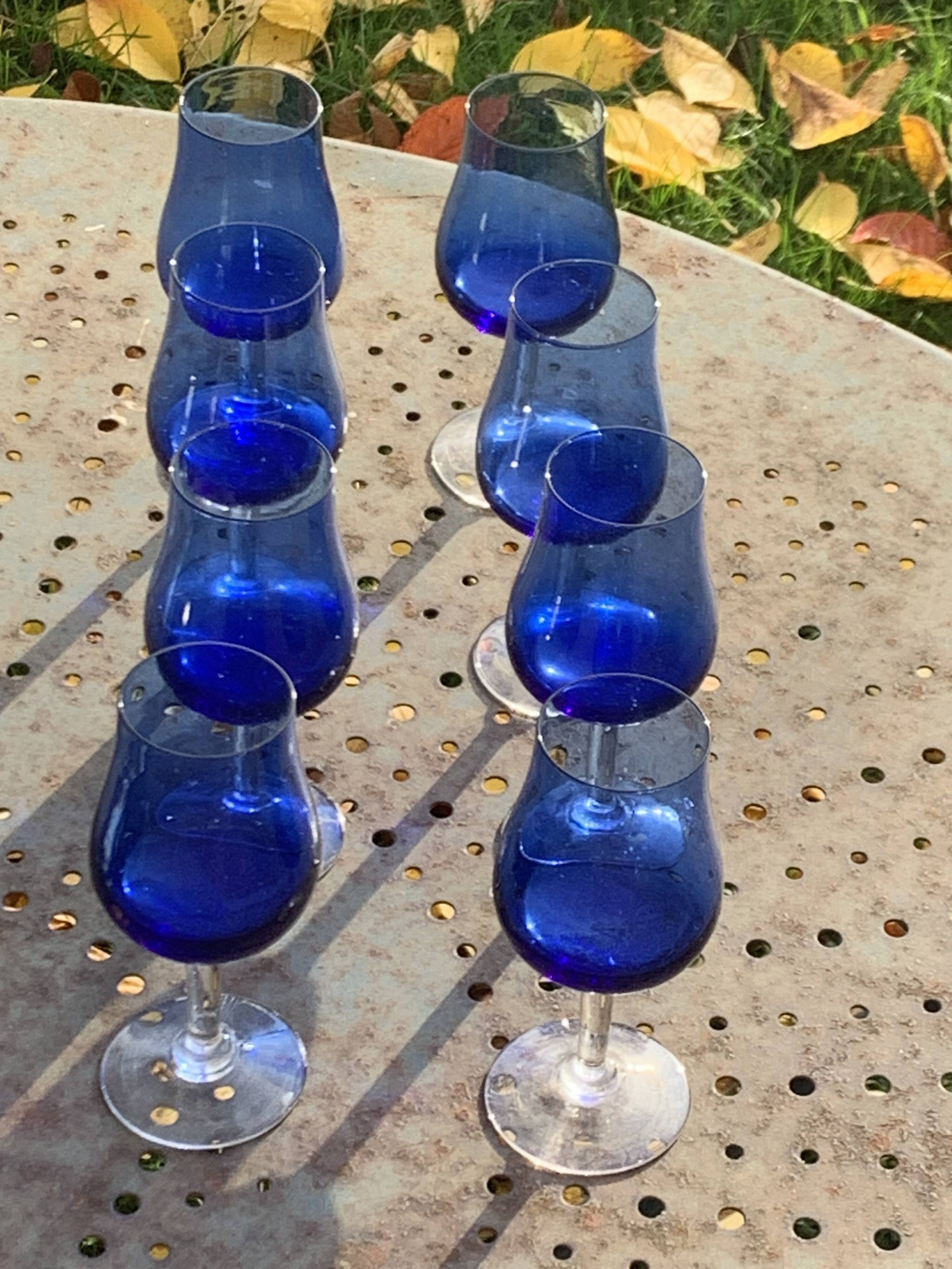 8 vintage cobalt blue glass port or aperitif glasses with transparent base