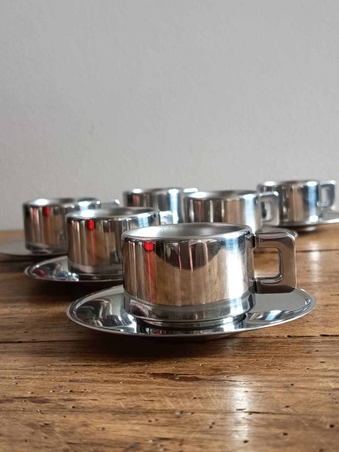 Set of 6 Casalinghi stainless steel cups and saucers, vintage Italian design