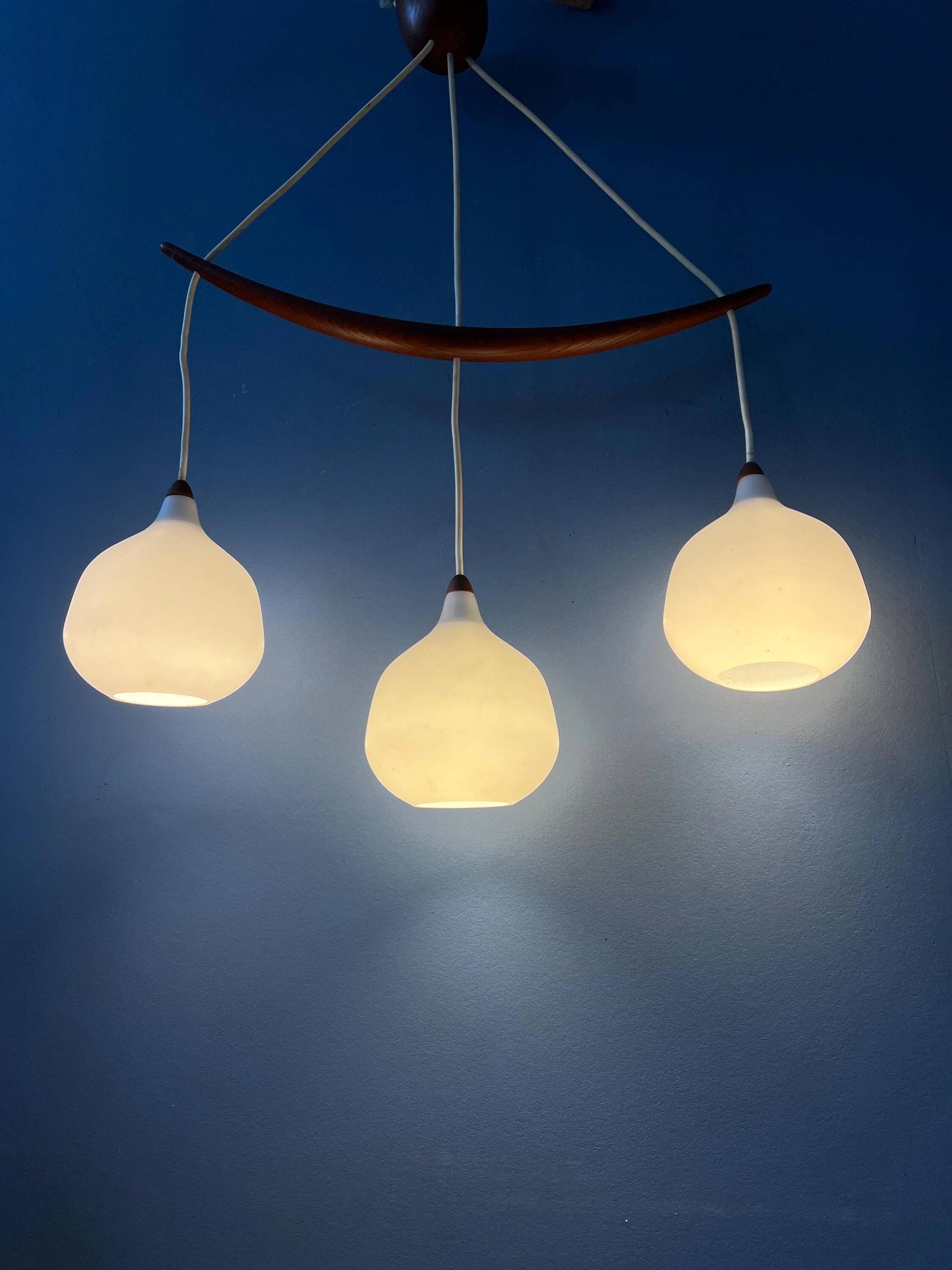 Teak wood and opaline glass chandelier 512 by Uno & Östen Kristiansson for Luxus, Sweden