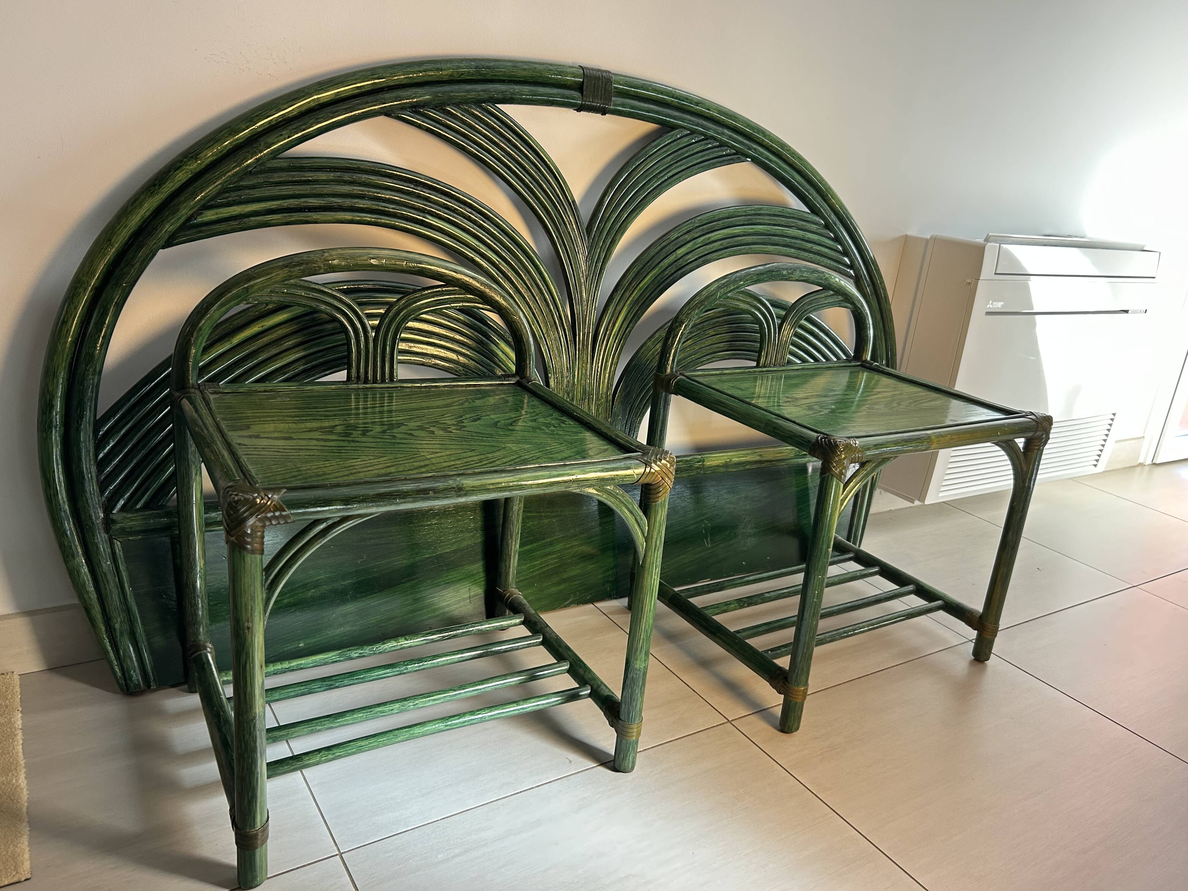 Headboard + 2 rattan bedside tables Maugrion / Roche Bobois 1980s