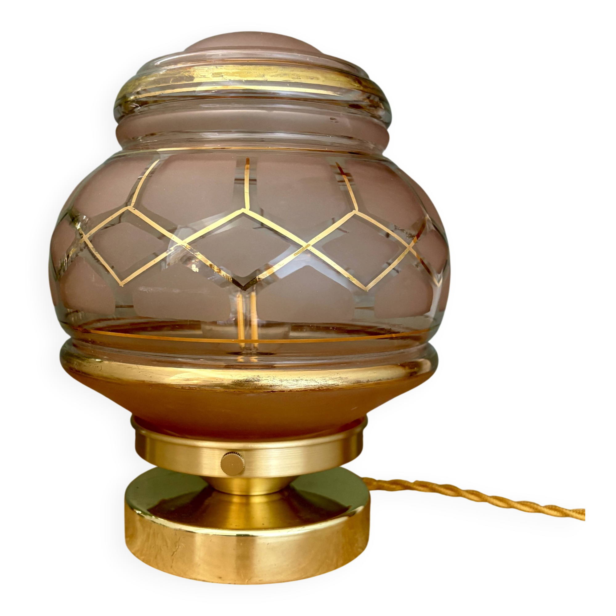 Vintage Art Deco globe table lamp in pink and gold glass.