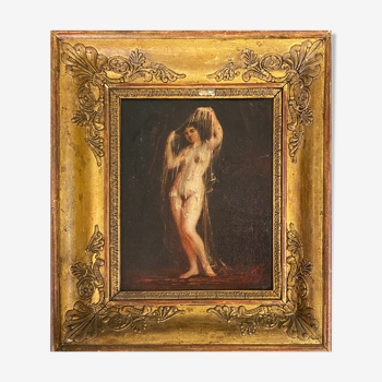 Tableau HST "Jeune femme nue au voile" signé E. Boyez + cadre Empire