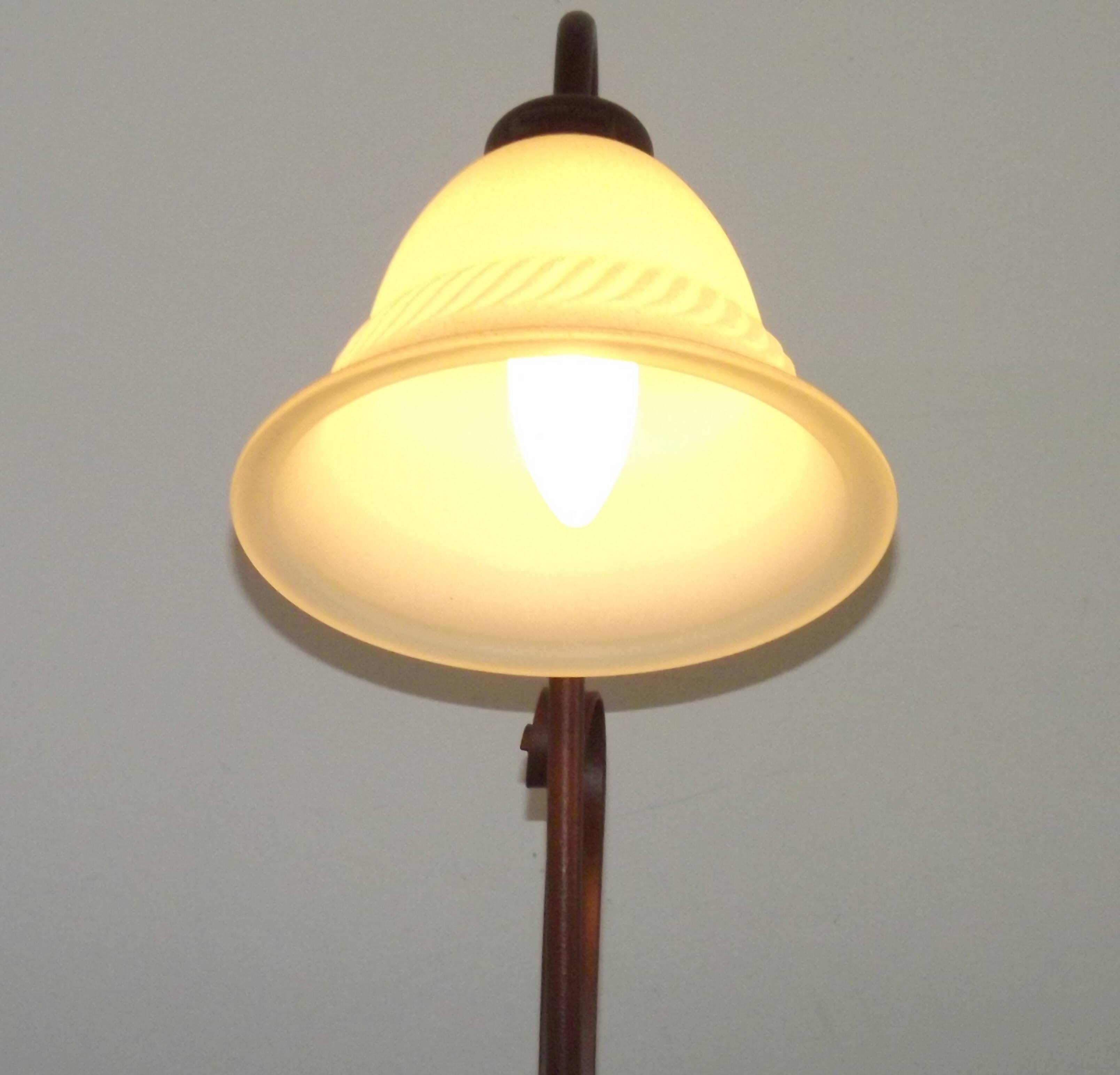 Vintage French Brown Metal Goose Neck Lamp With Textured Glass Shade