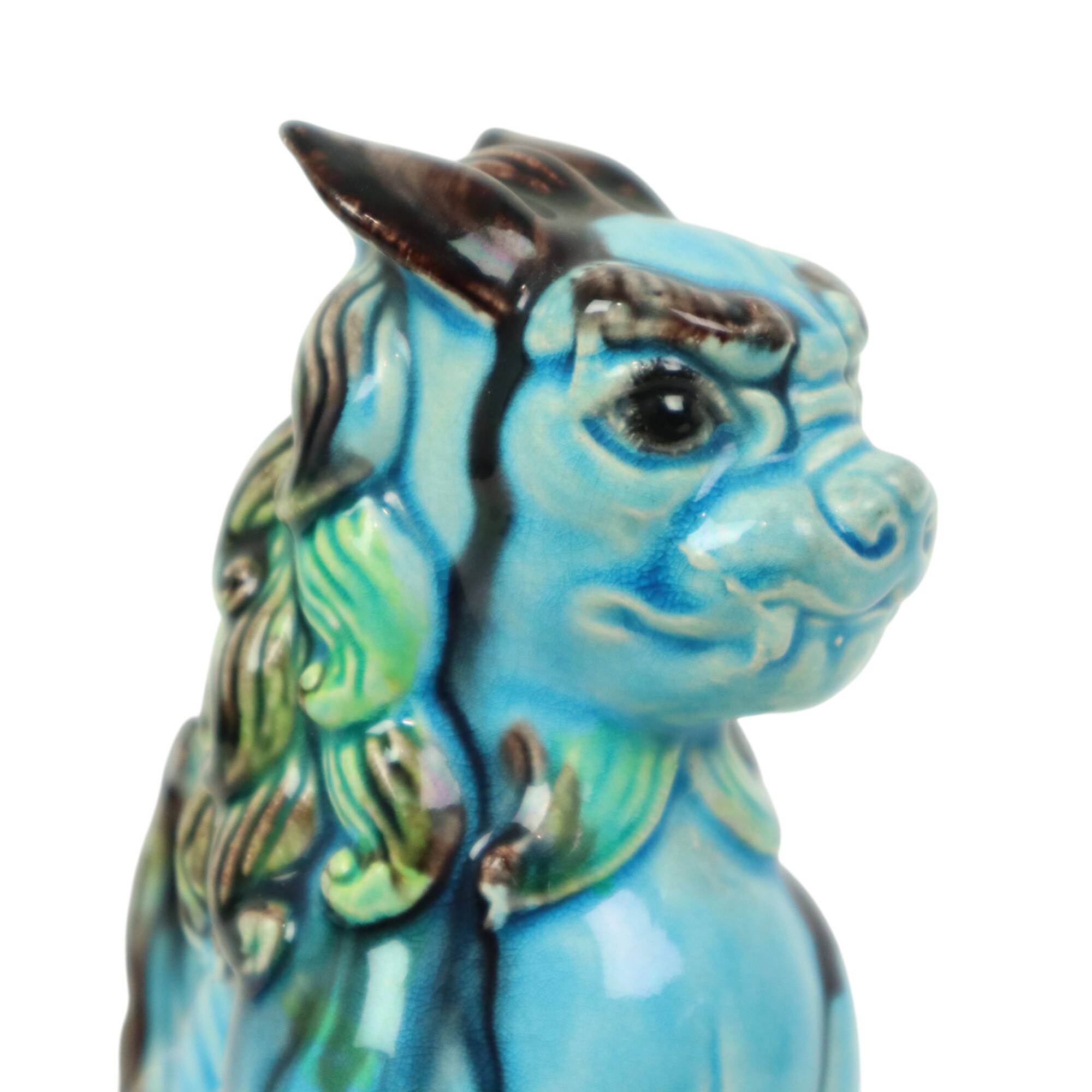 Vintage Chinese Komainu Guardian Lion Foo Dog Blue 19cm