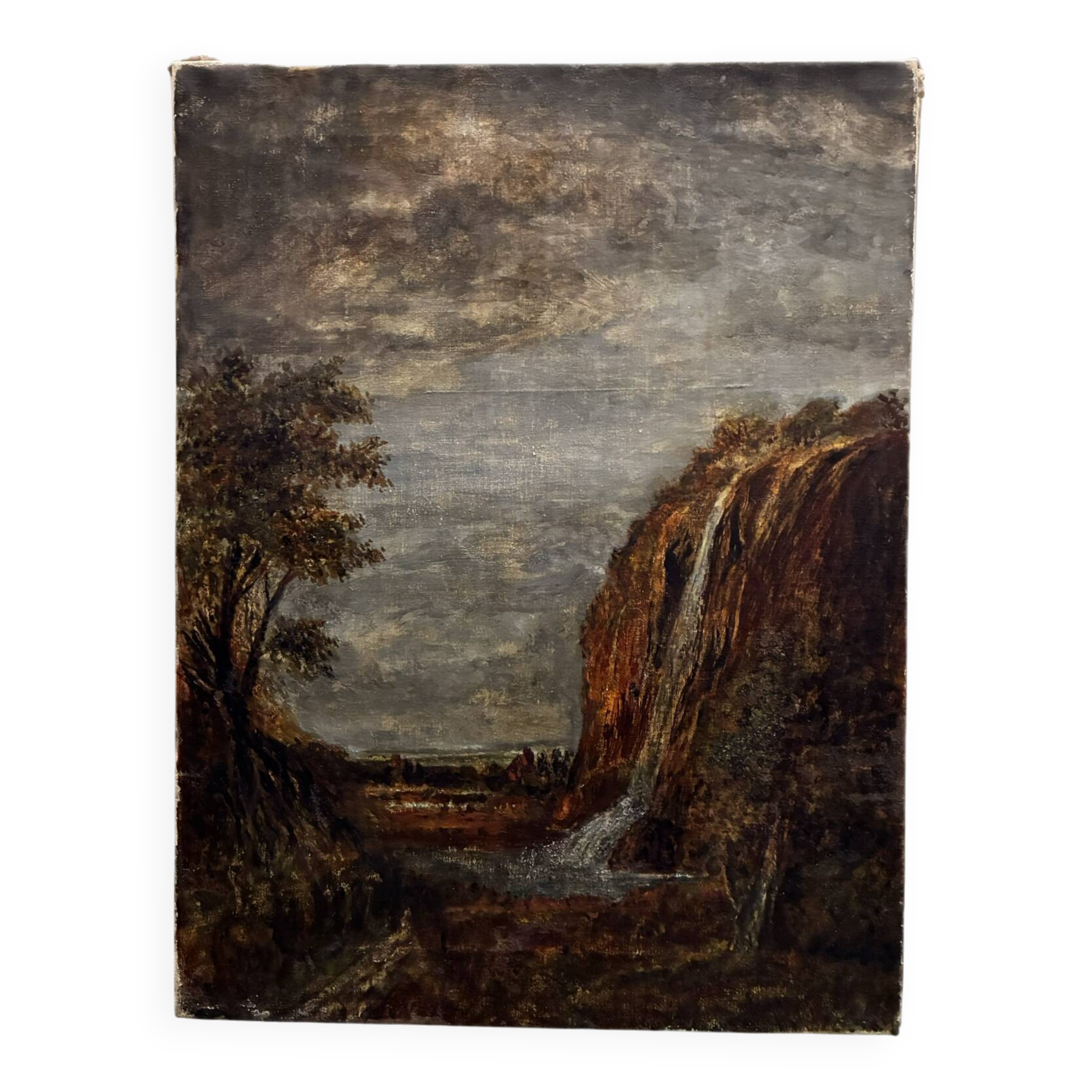 Antique painting of a waterfall landscape 20th century