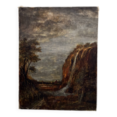 Tableau ancien paysage de cascade XXe