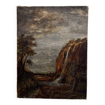 Antique painting of a waterfall landscape 20th century