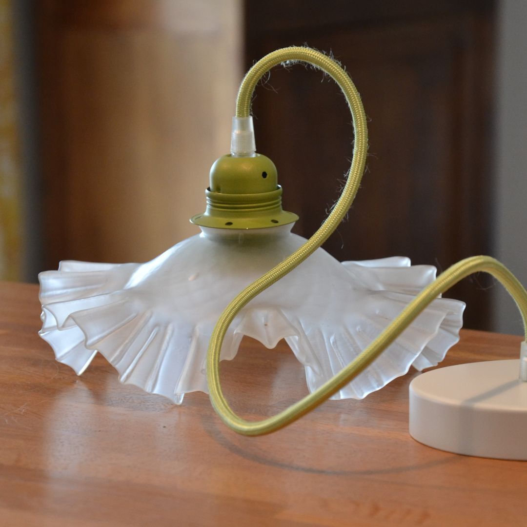 White pleated opaline pendant lamp – Electric mounting in green color