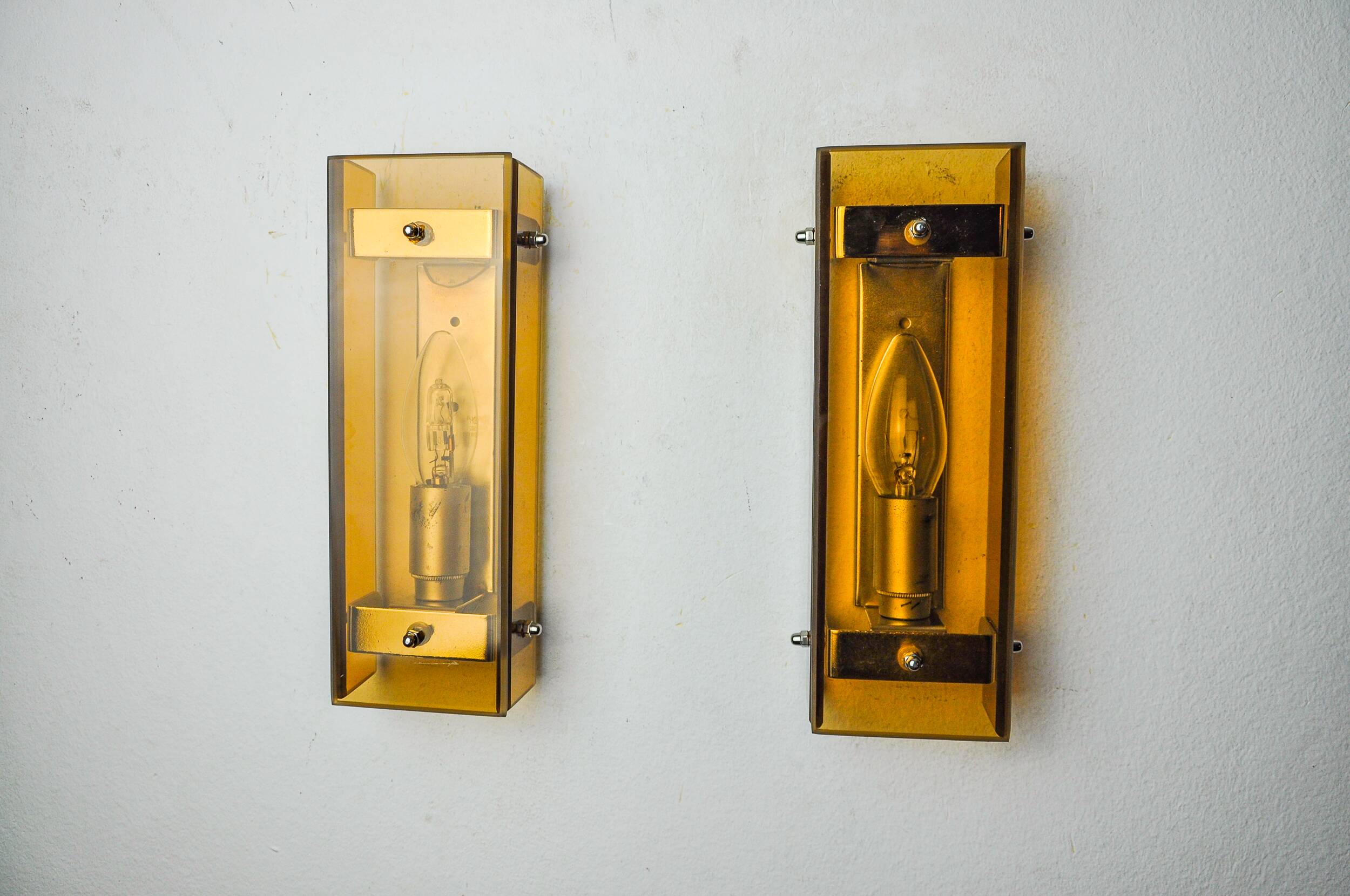 Pair of brown Veca wall lights, beveled glass, Italy 1970