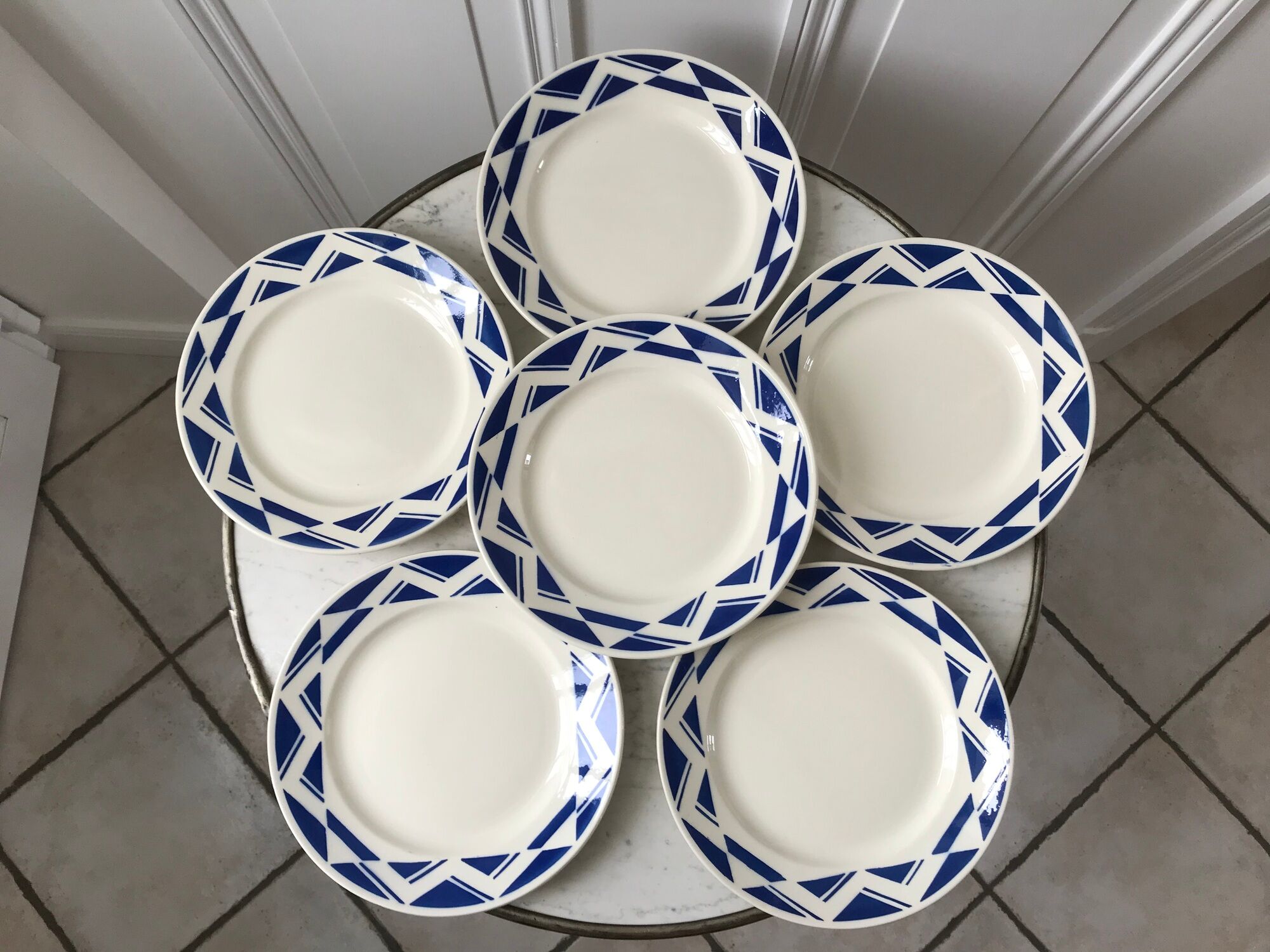 Set of 6 flat plates Badonviller model Courtilles royal blue art deco 30s