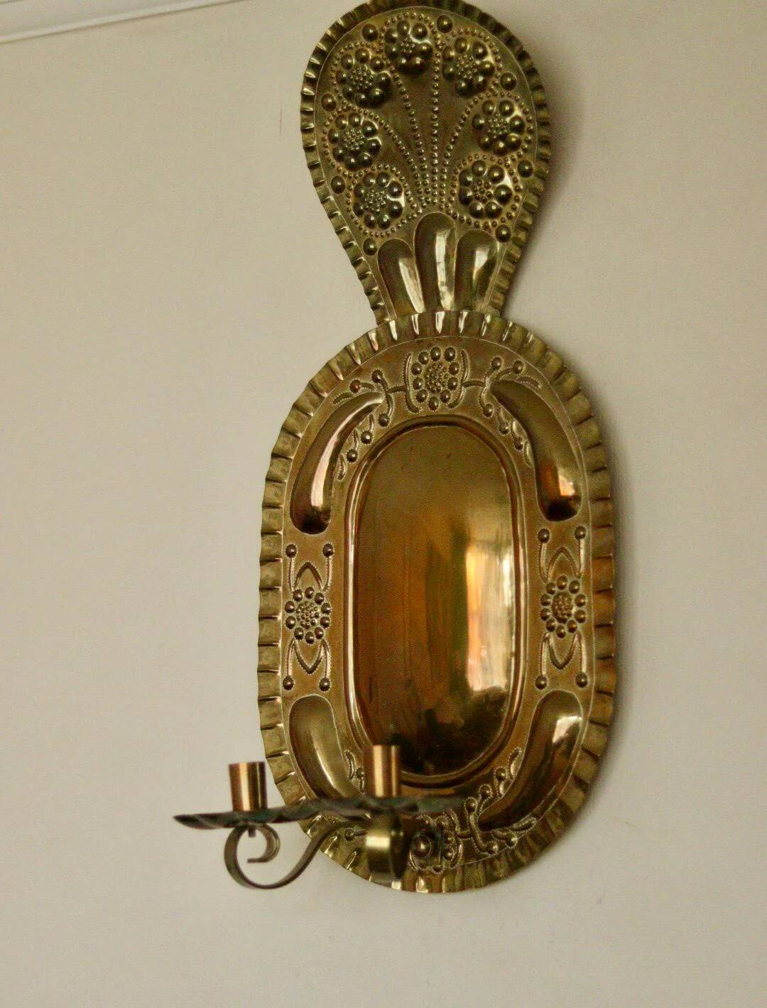 X-large mid-century Swedish brass Baroque sconce with double arm design