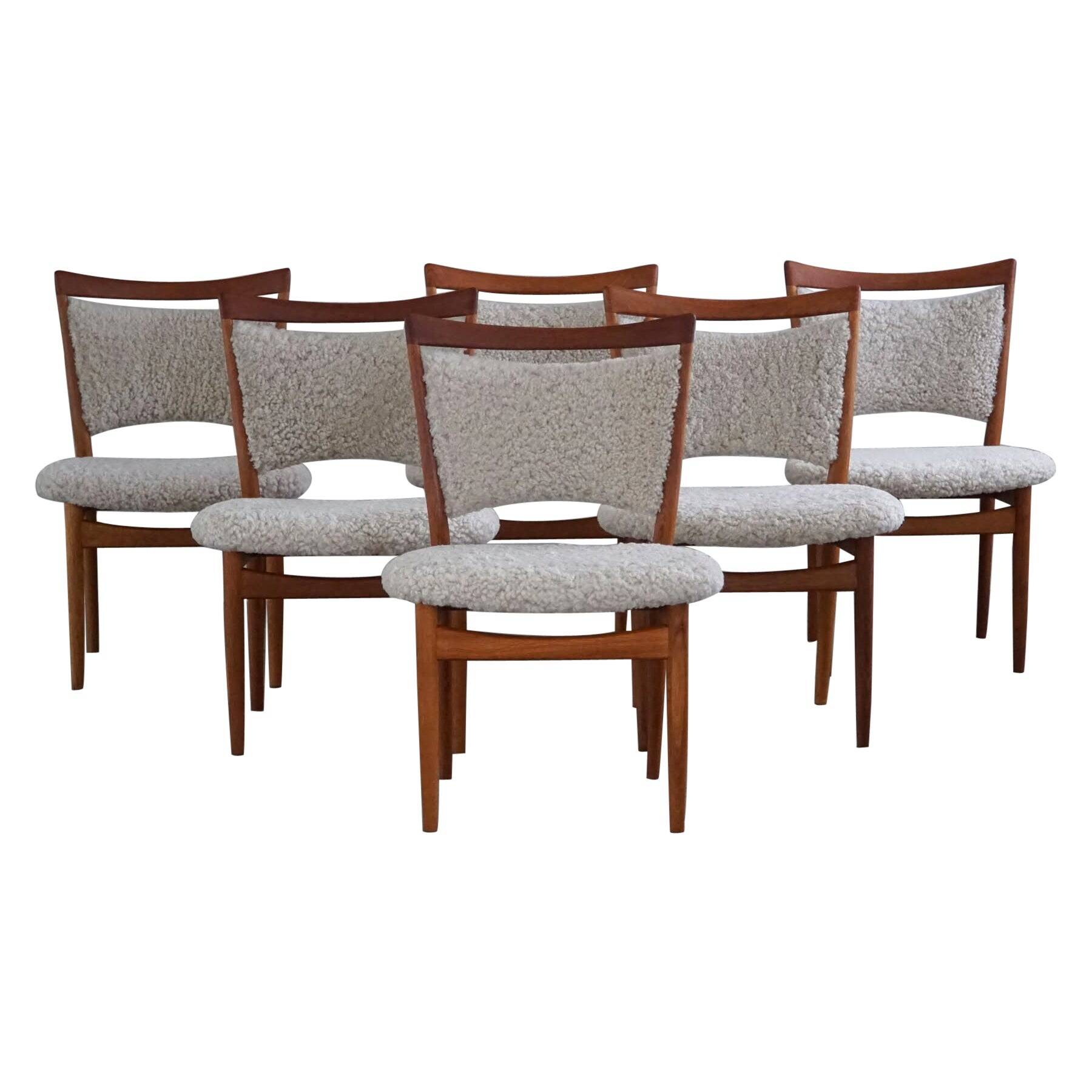 Ensemble de 6 chaises danoises modernes en chêne et laine d'agneau, modèle SW86 par Finn Juhl, 1953