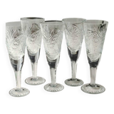 Lot 5 x Small Art Deco champagne flutes. Sophisticated star/cross/deciduous patterns. Boho chic. High 15.5 cm