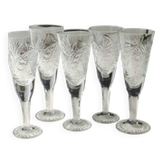 Lot 5 x Small Art Deco champagne flutes. Sophisticated star/cross/deciduous patterns. Boho chic. High 15.5 cm