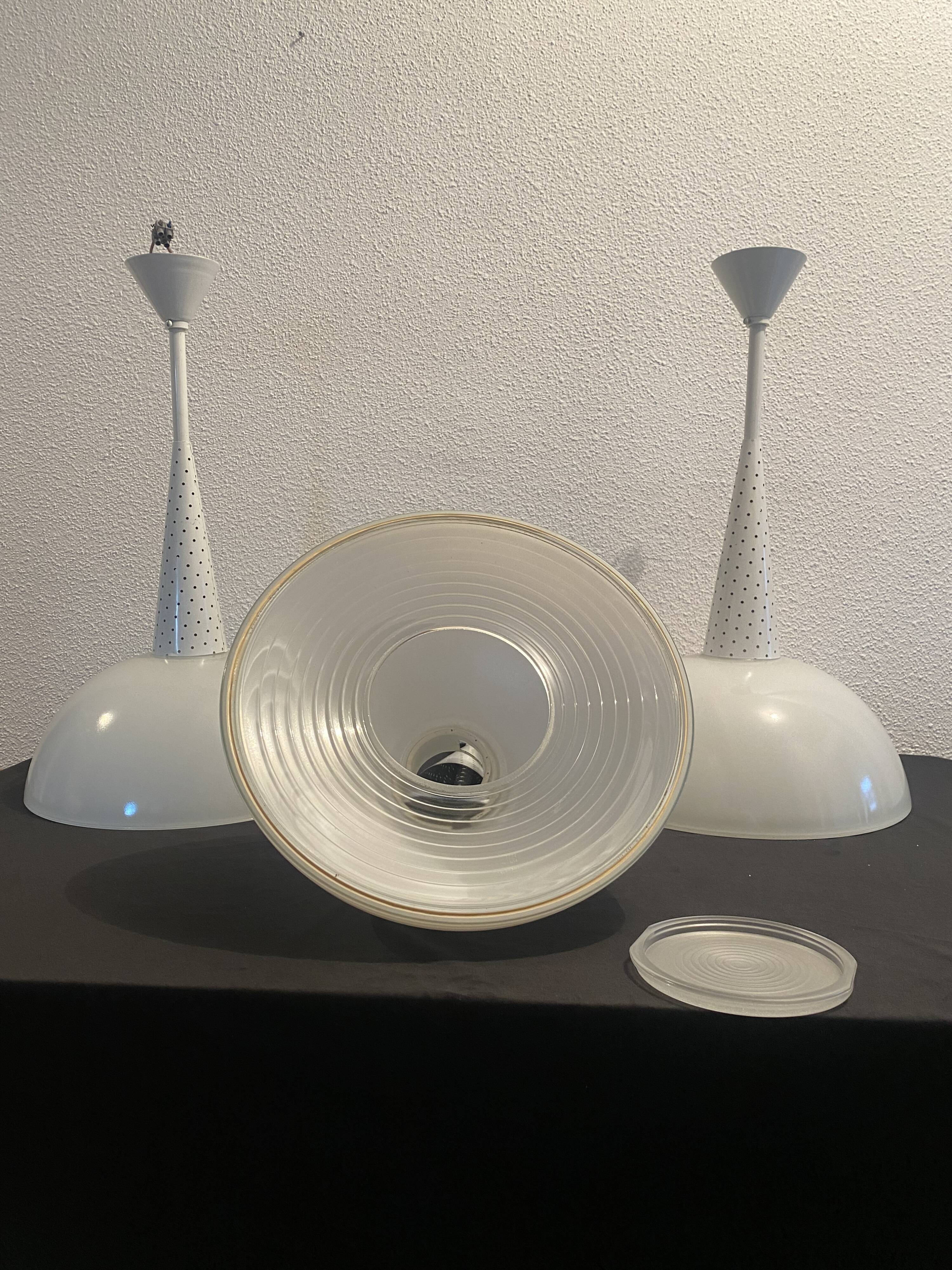 Lot de 3 lampes metal et verre holophane design année 70