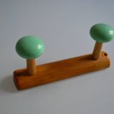 Wall coat rack with 2 hooks, wood and plastic, 60s style.