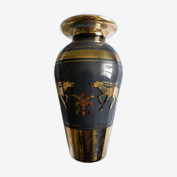 VASE,art deco,gazelle, antelope, scalloped glass,black and gold