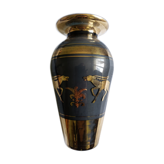 VASE,art deco,gazelle, antelope, scalloped glass,black and gold