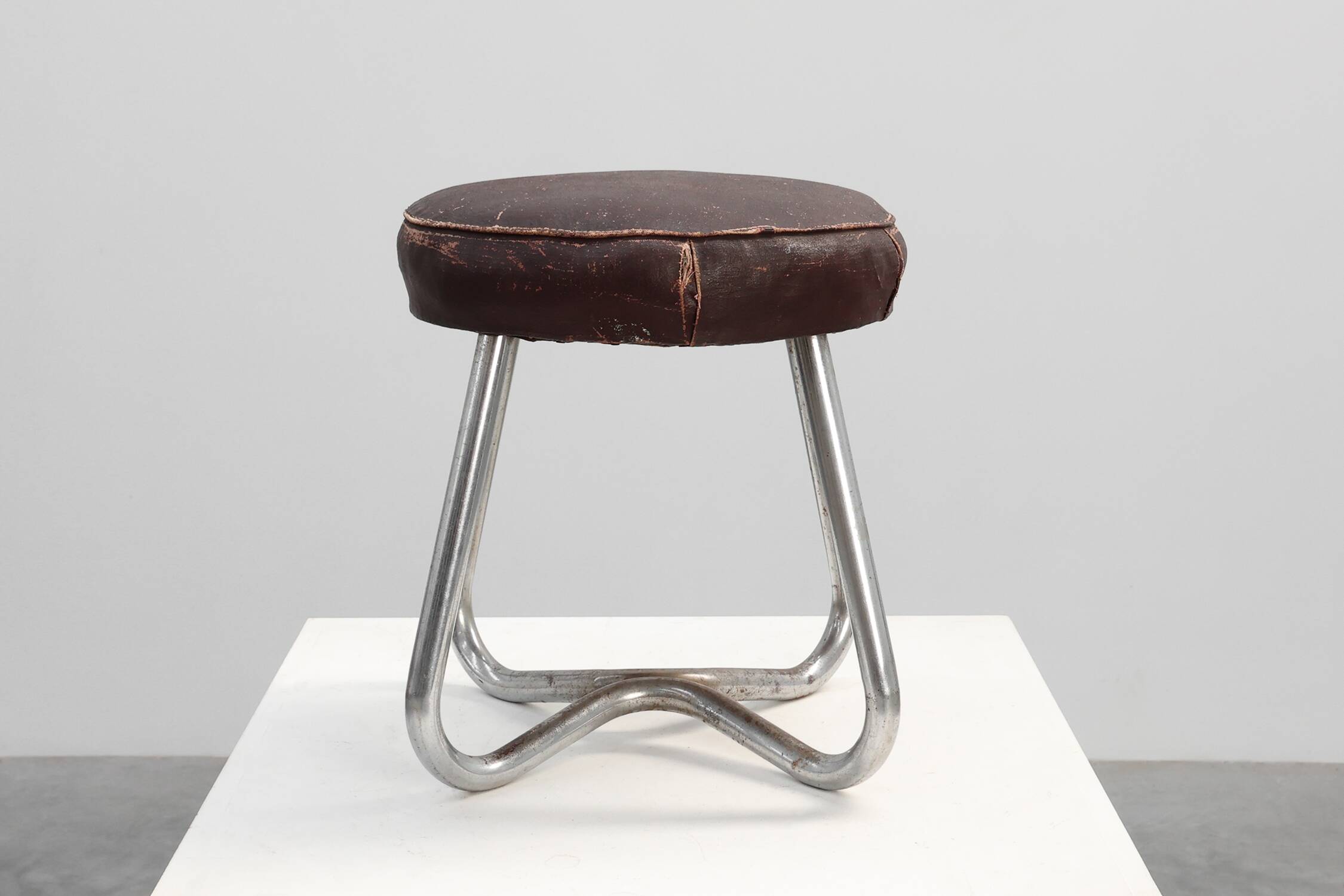 Bauhaus Modernist Stool with Chrome Tubular Frame and Leather Seat, Germany