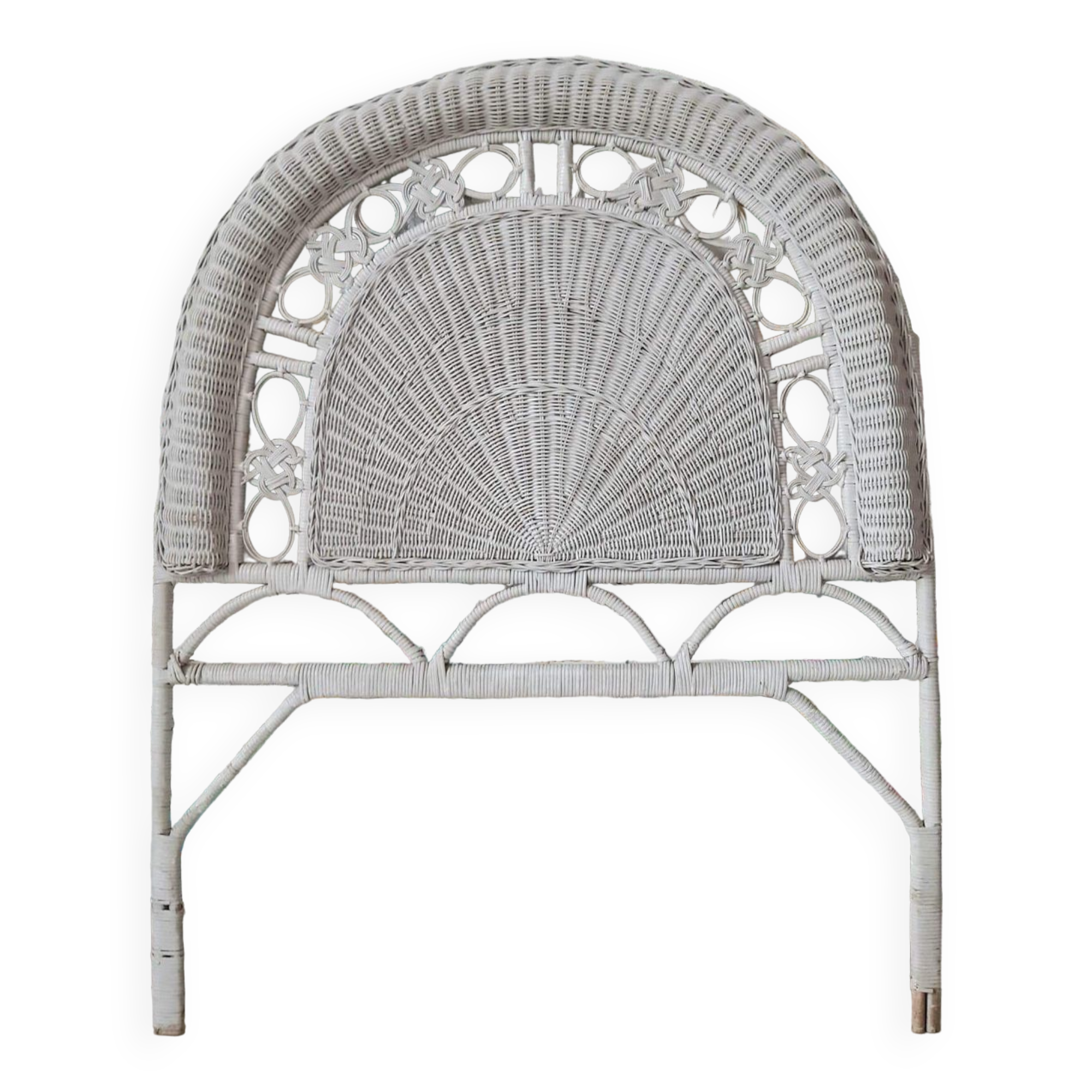 Vintage wicker and rattan headboard, antique peacock furniture for bedroom