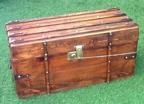 Antique travel chest Wood studded / wrapped in leather Brass lock with key (functional)