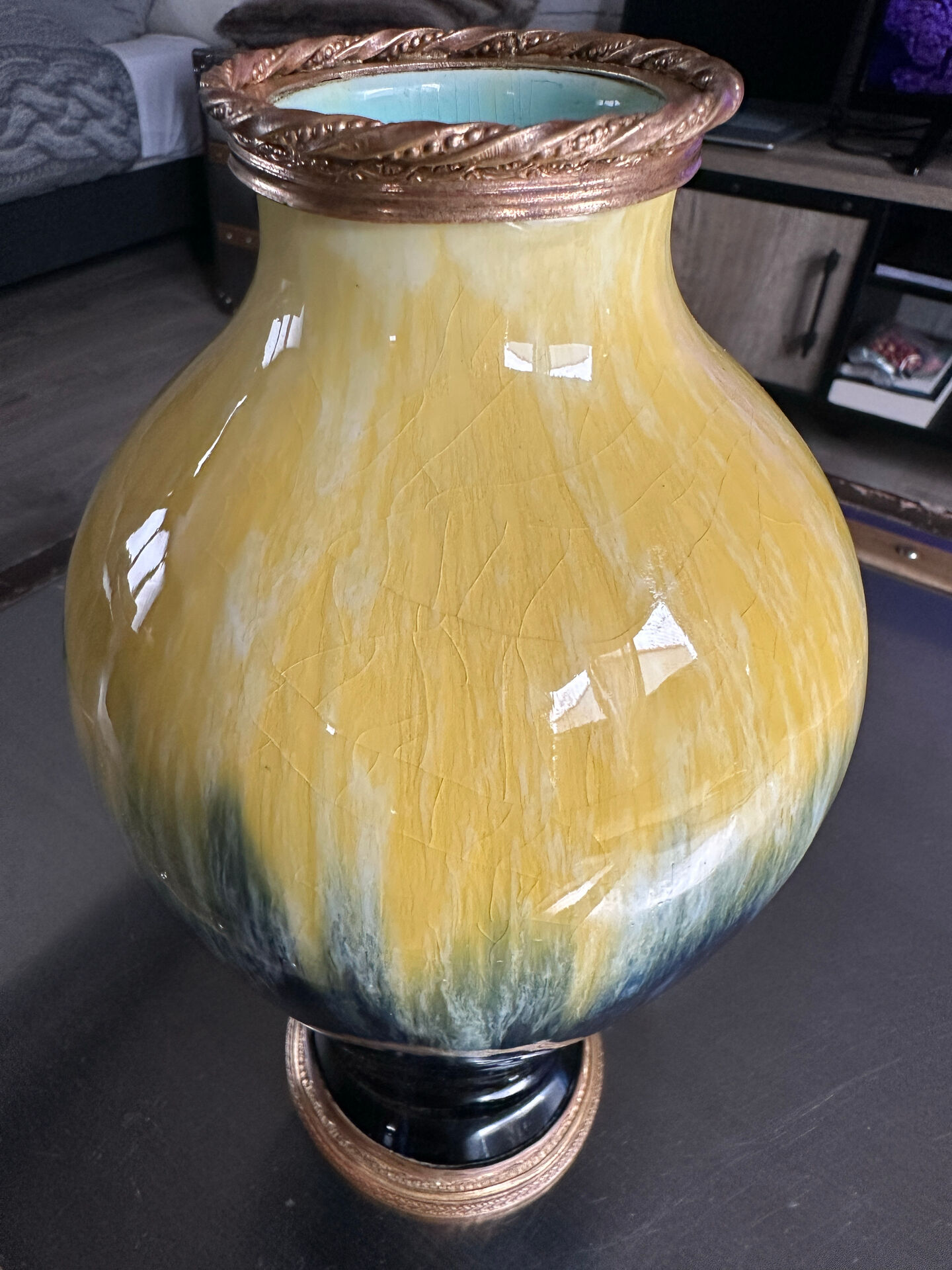 Art Deco vase in yellow and blue flamed earthenware - Shape 485, circa 1930