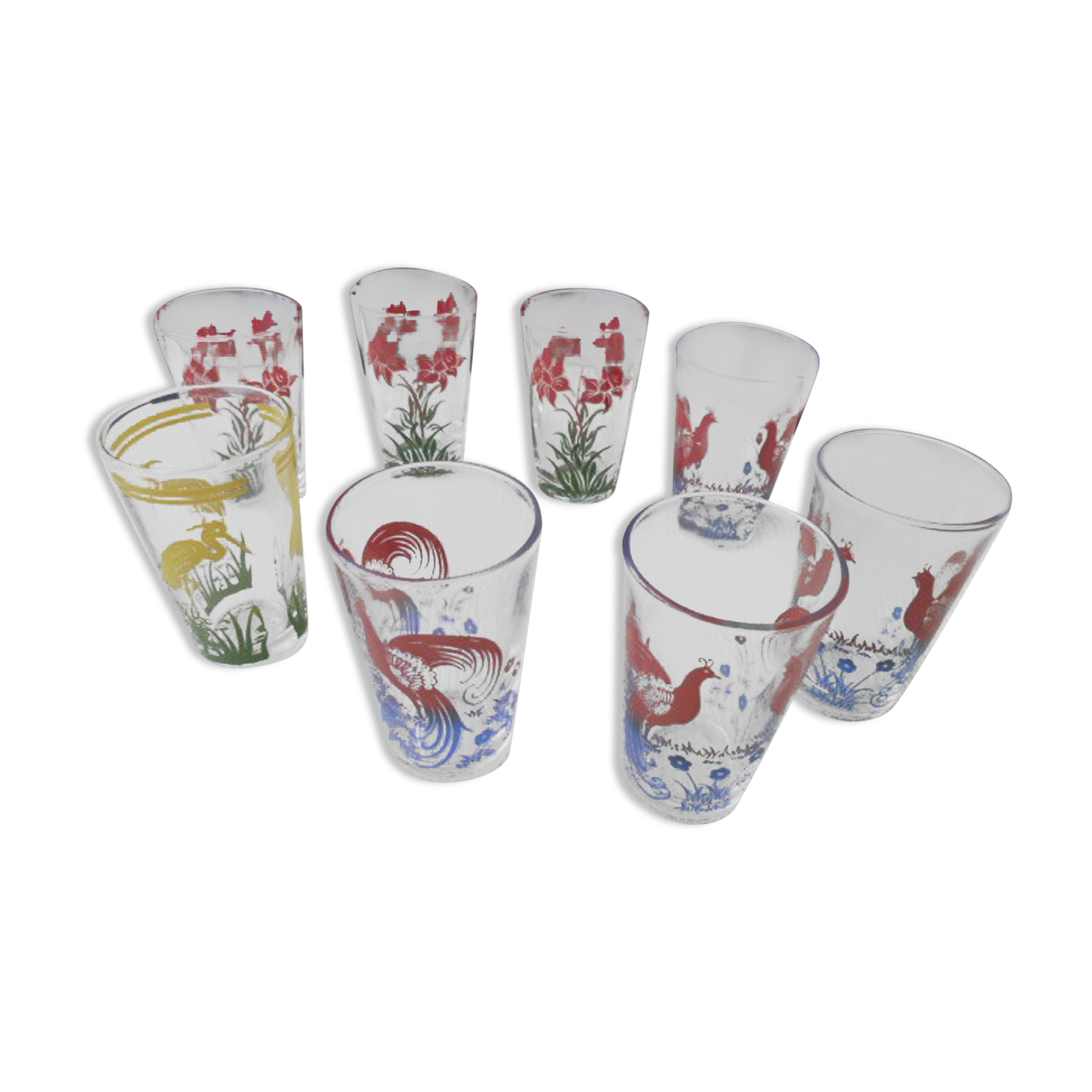 Set of 8 glasses screen-printed decorative cups