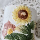 Set of 4 vintage barbotine cups / mugs with polychrome sunflower pattern