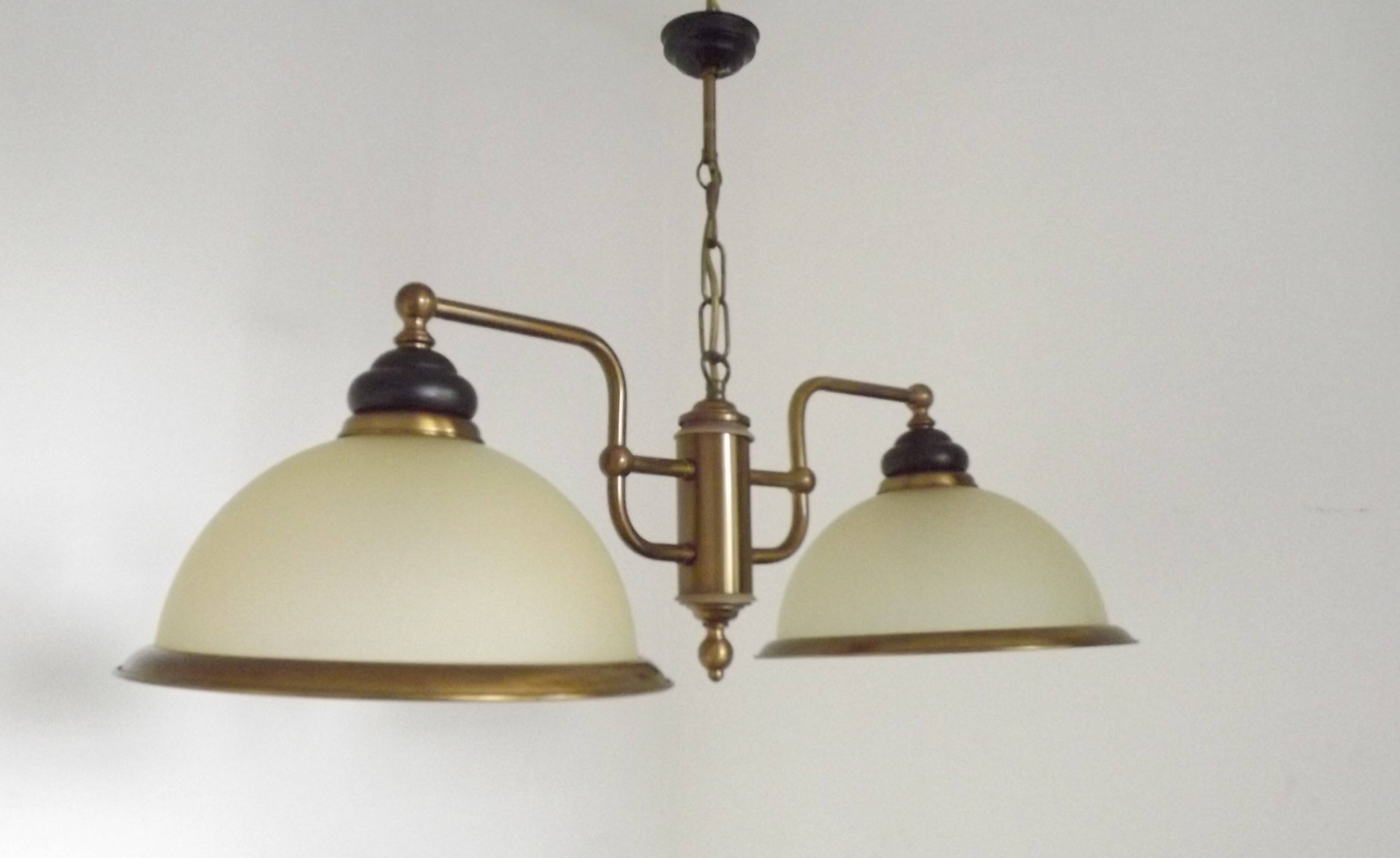 French Mid Century Bronze Effect Metal Double Billiard Light Glass Shades