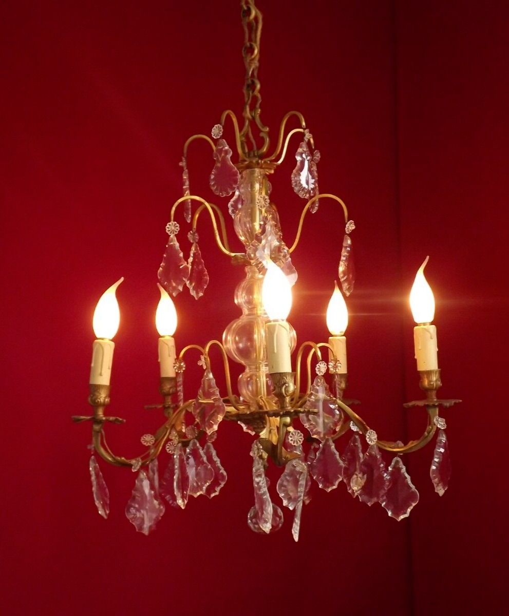 French antique 5 light brass crystal & glass acanthus leaf chandelier