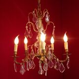 French antique 5 light brass crystal & glass acanthus leaf chandelier