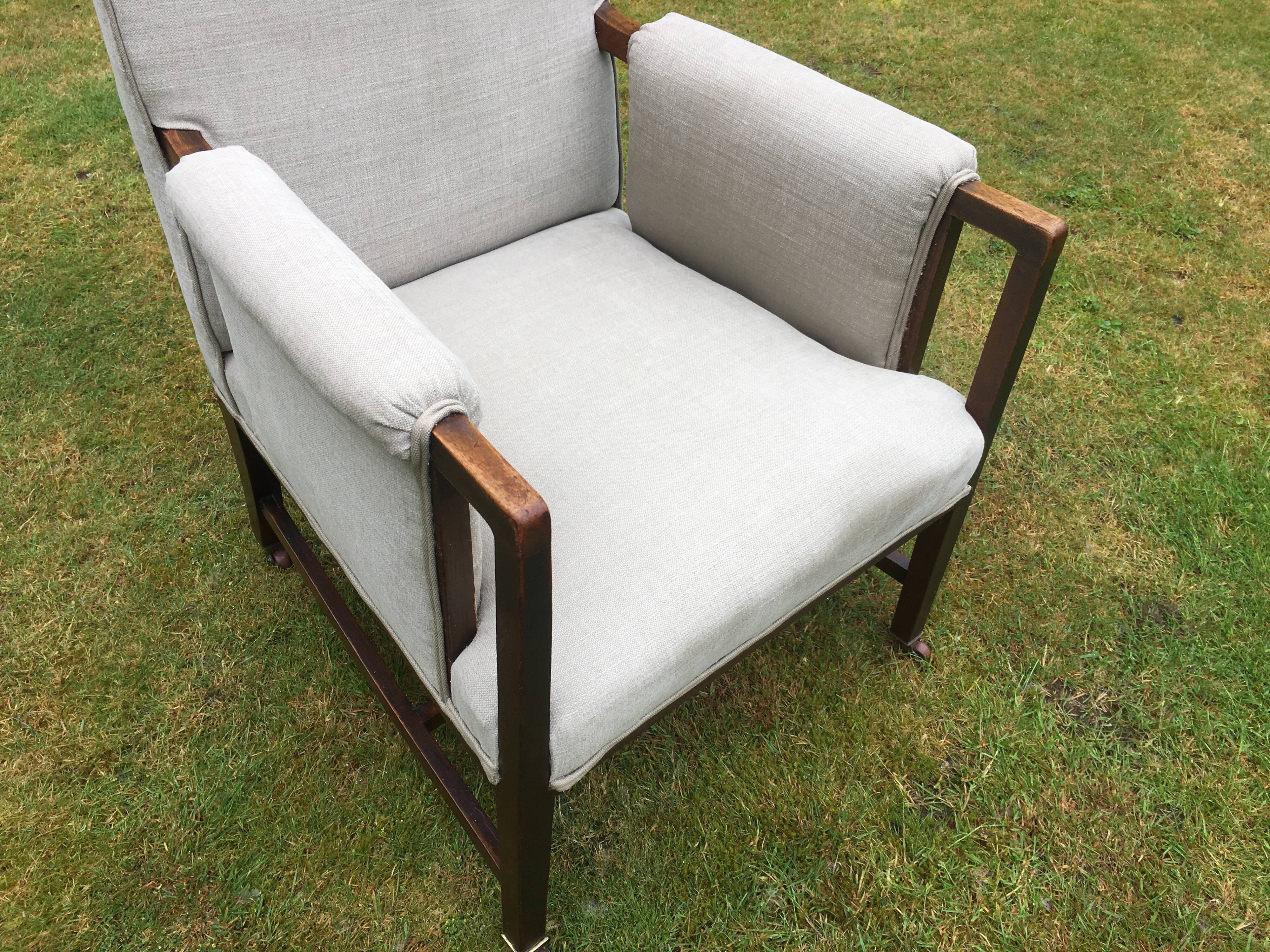 Vintage Antique Oak Reupholstered Armchair On Castors in Beige