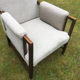 Vintage Antique Oak Reupholstered Armchair On Castors in Beige